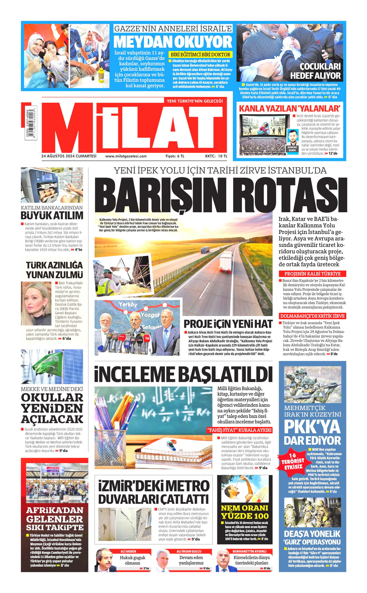 MİLAT gazetesinin 24 Ağustos 2024 tarihli birinci sayfası