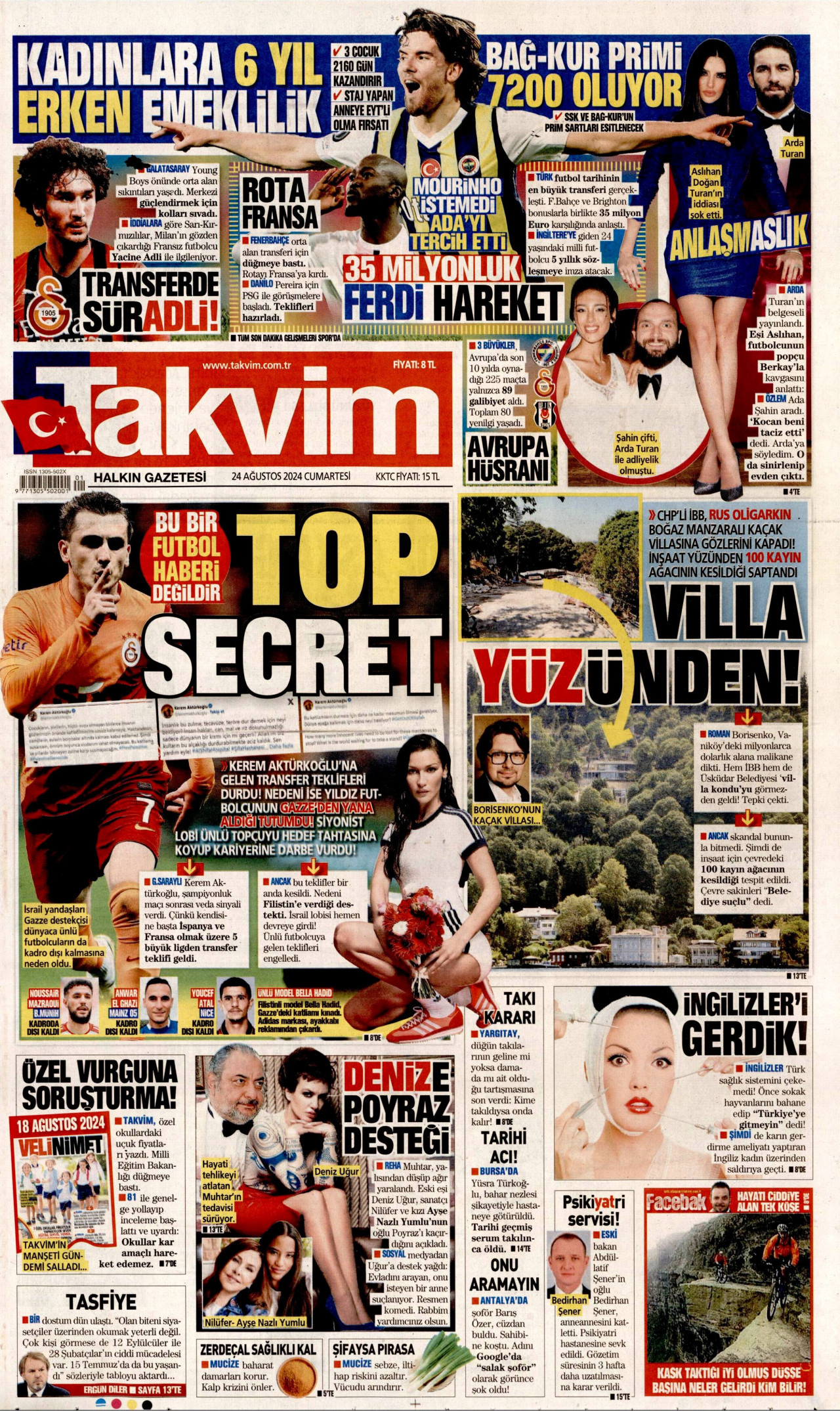TAKVİM gazetesinin 24 Ağustos 2024 tarihli birinci sayfası