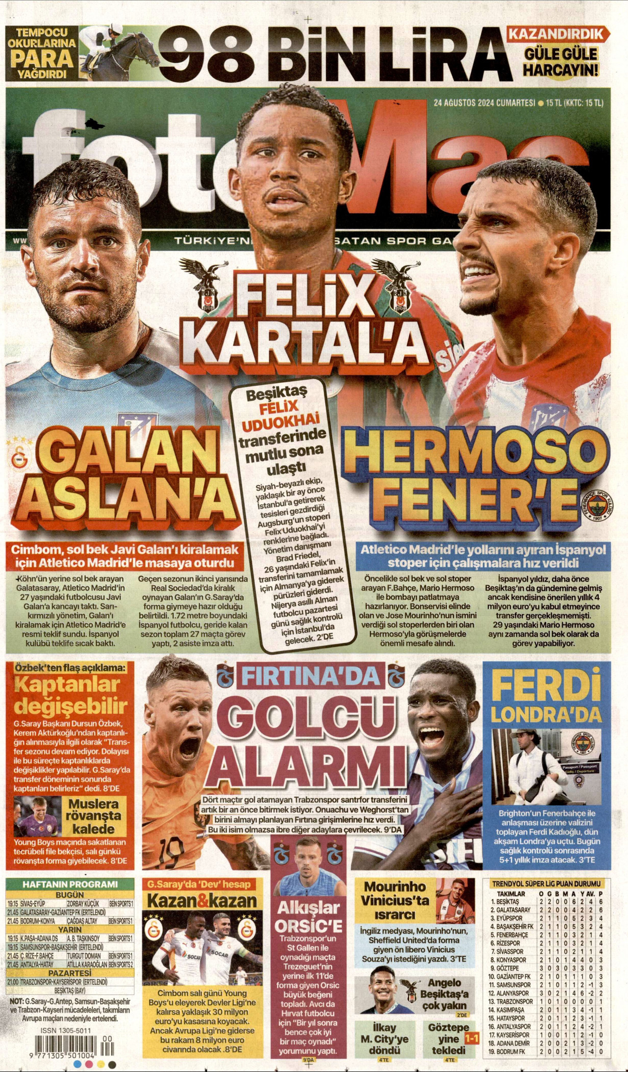 FOTOMAÇ gazetesinin 24 Ağustos 2024 tarihli birinci sayfası