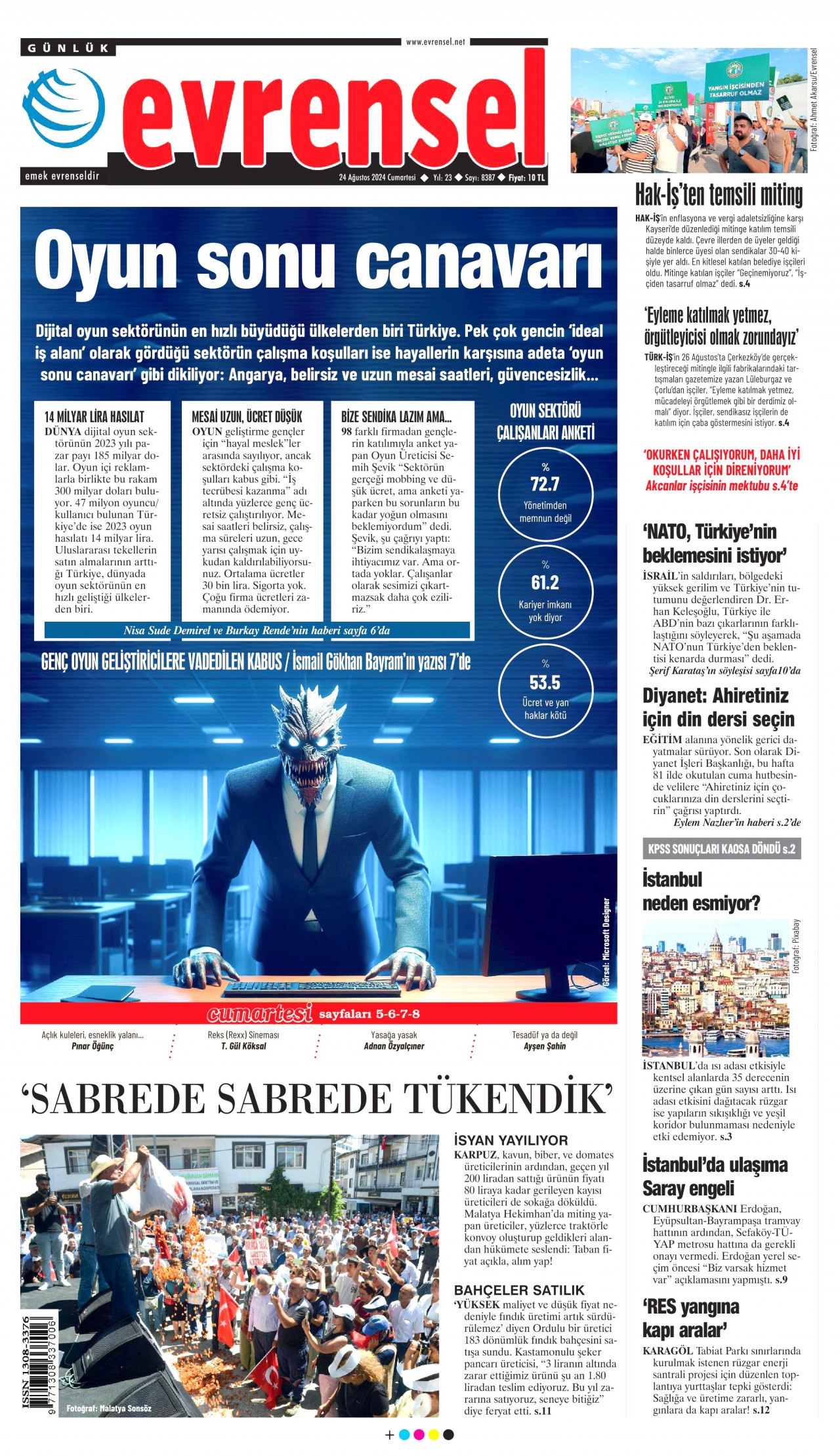 EVRENSEL gazetesinin 24 Ağustos 2024 tarihli birinci sayfası