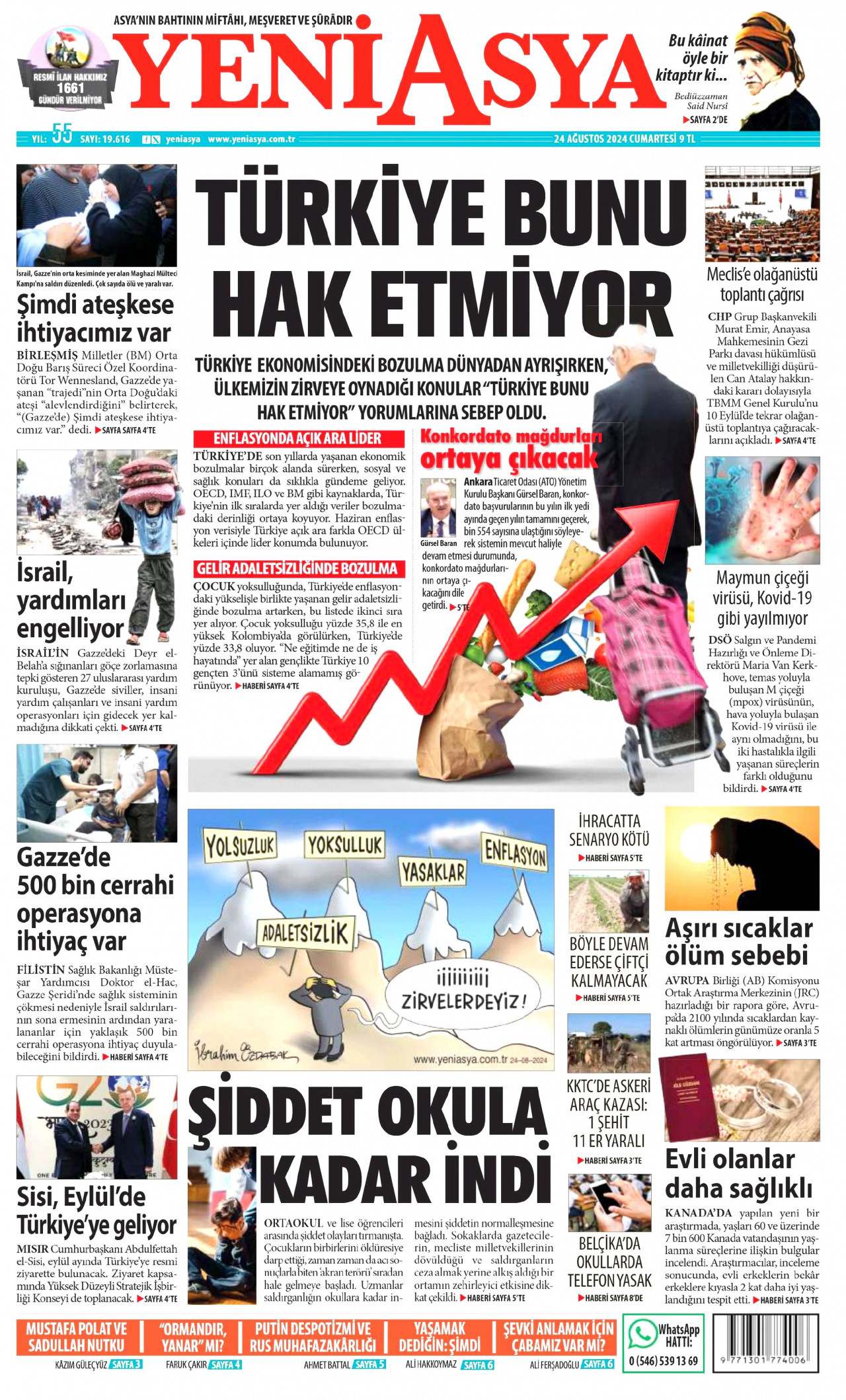 YENİ ASYA gazetesinin 24 Ağustos 2024 tarihli birinci sayfası
