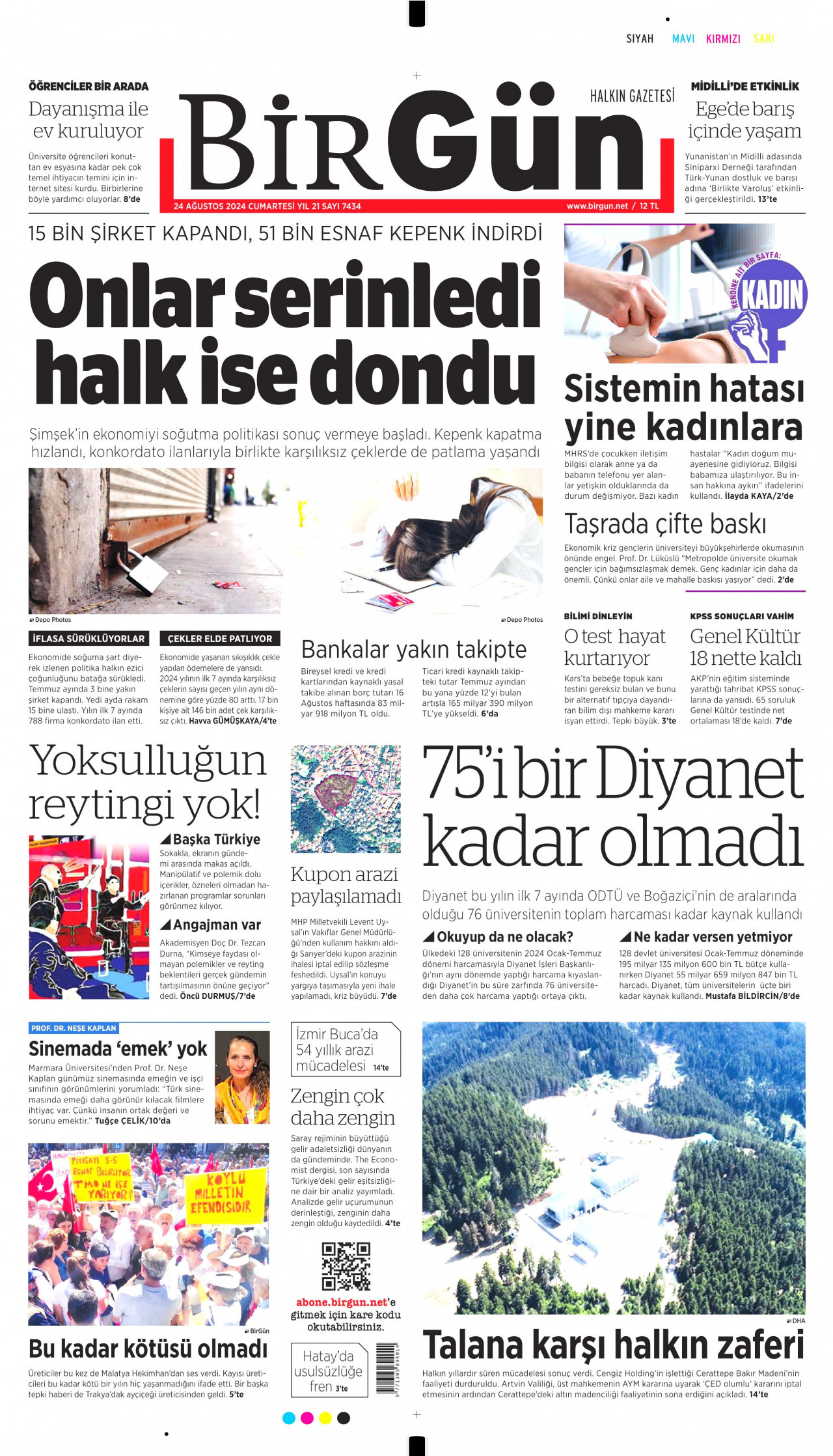 BİRGÜN gazetesinin 24 Ağustos 2024 tarihli birinci sayfası