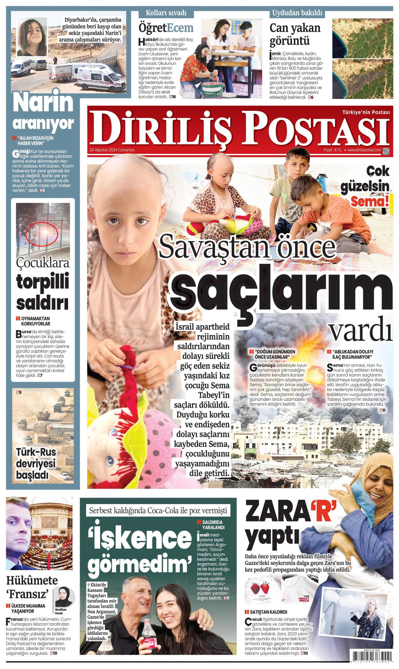 DİRİLİŞ POSTASI gazetesinin 24 Ağustos 2024 tarihli birinci sayfası