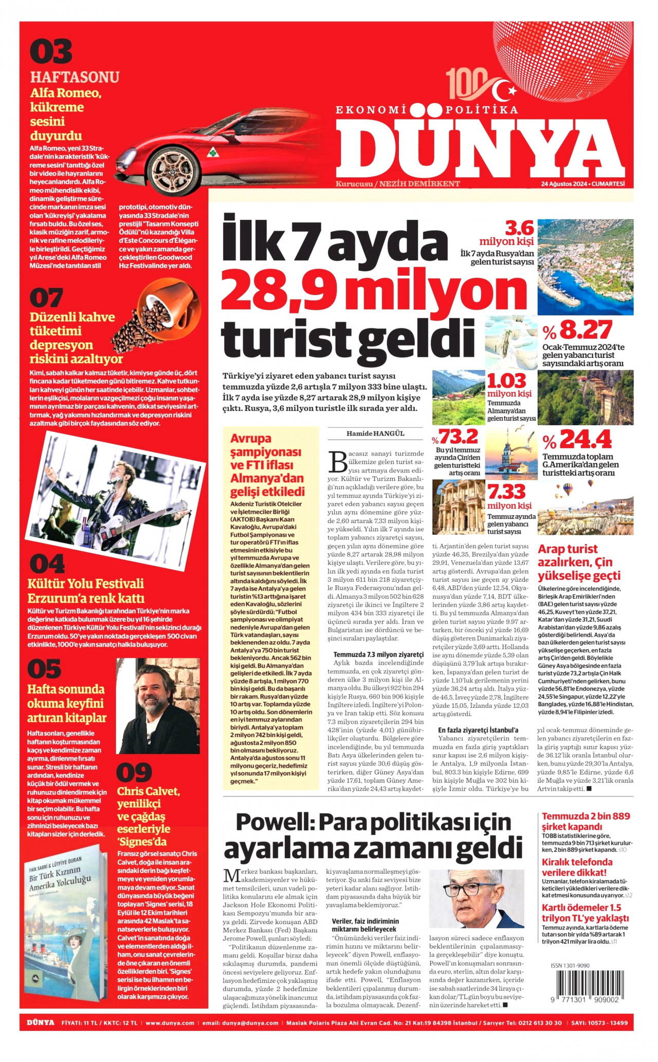 DÜNYA gazetesinin 24 Ağustos 2024 tarihli birinci sayfası