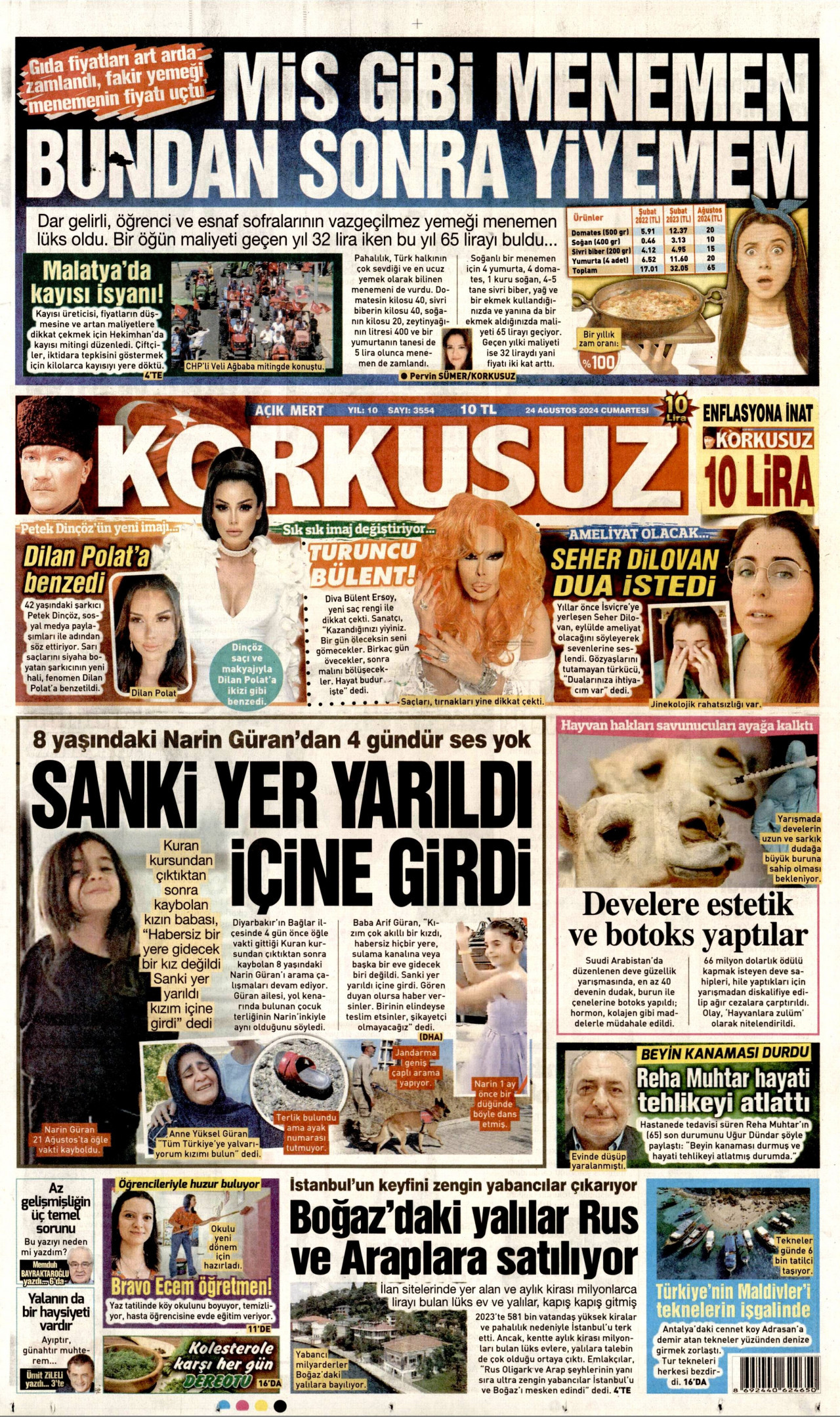 KORKUSUZ gazetesinin 24 Ağustos 2024 tarihli birinci sayfası