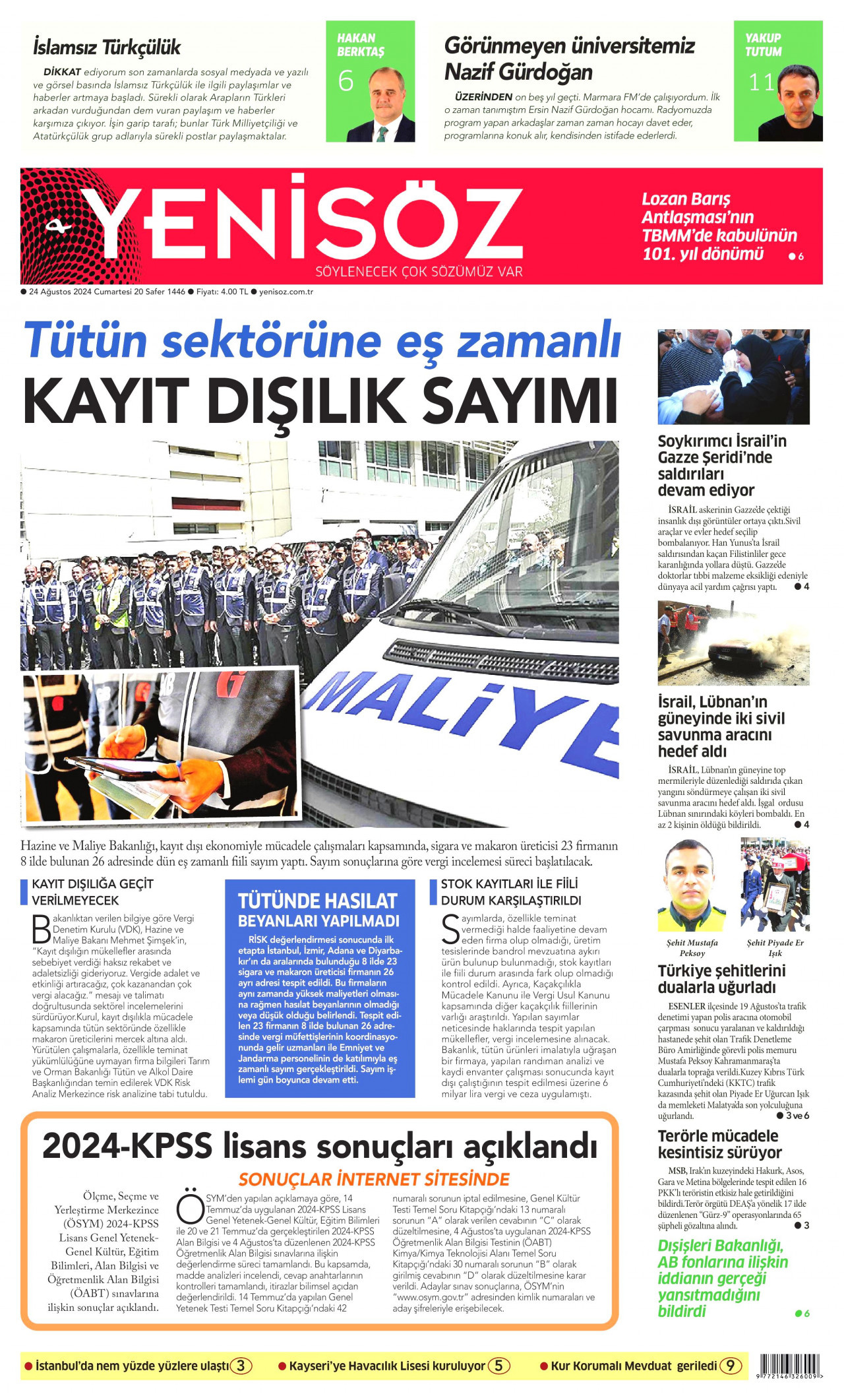 YENİ SÖZ GAZETESİ gazetesinin 24 Ağustos 2024 tarihli birinci sayfası