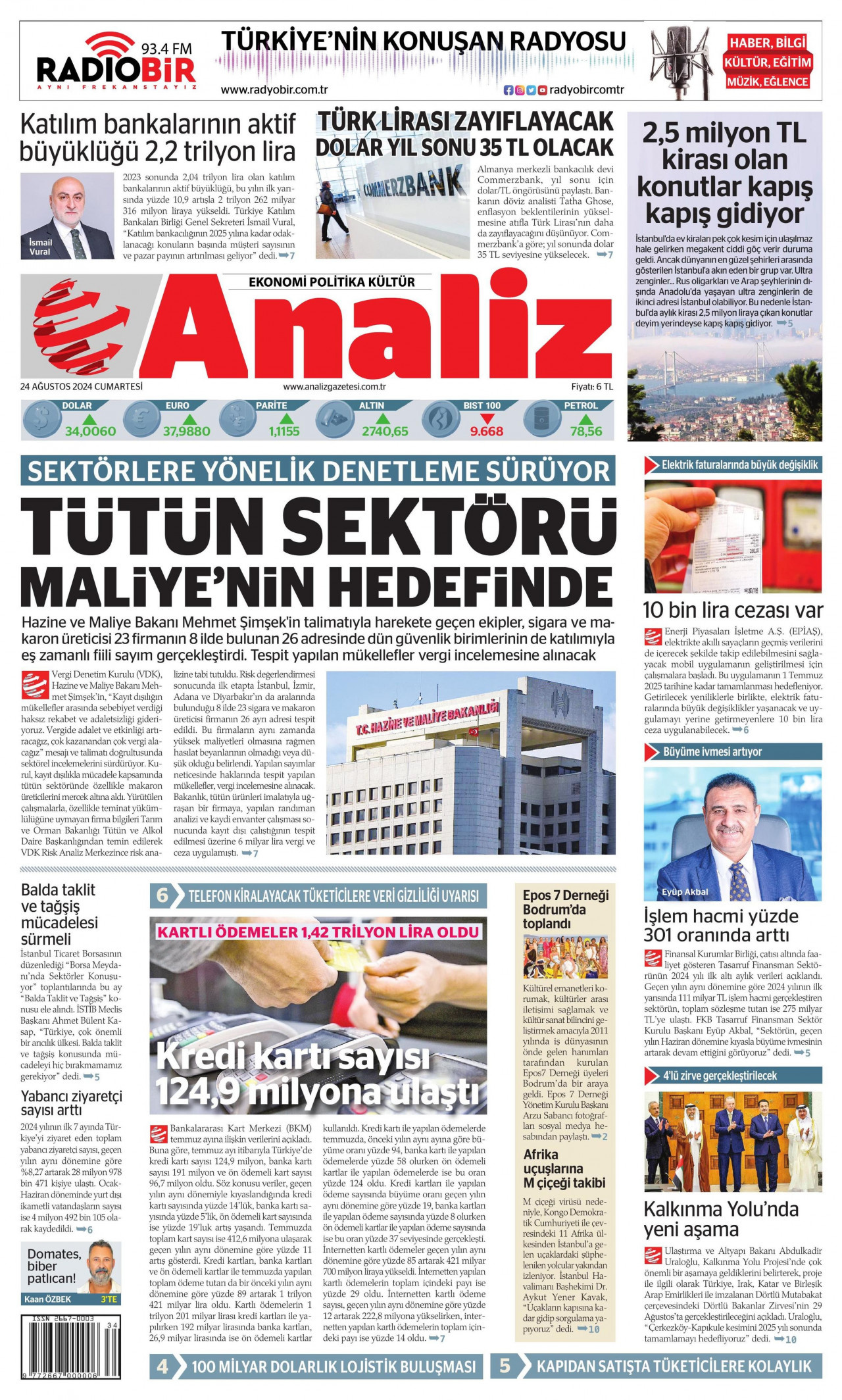 ANALİZ gazetesinin 24 Ağustos 2024 tarihli birinci sayfası