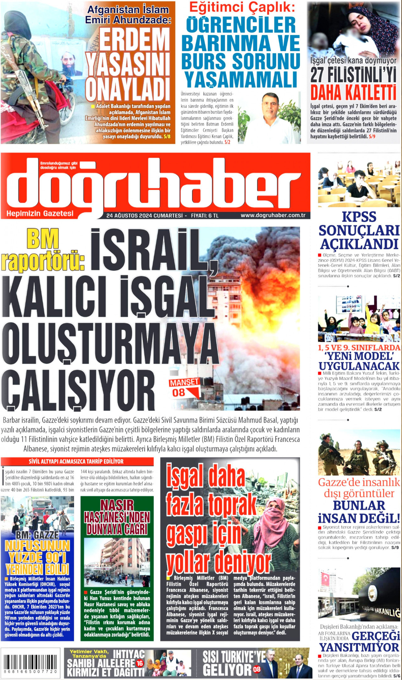 DOĞRU HABER gazetesinin 24 Ağustos 2024 tarihli birinci sayfası