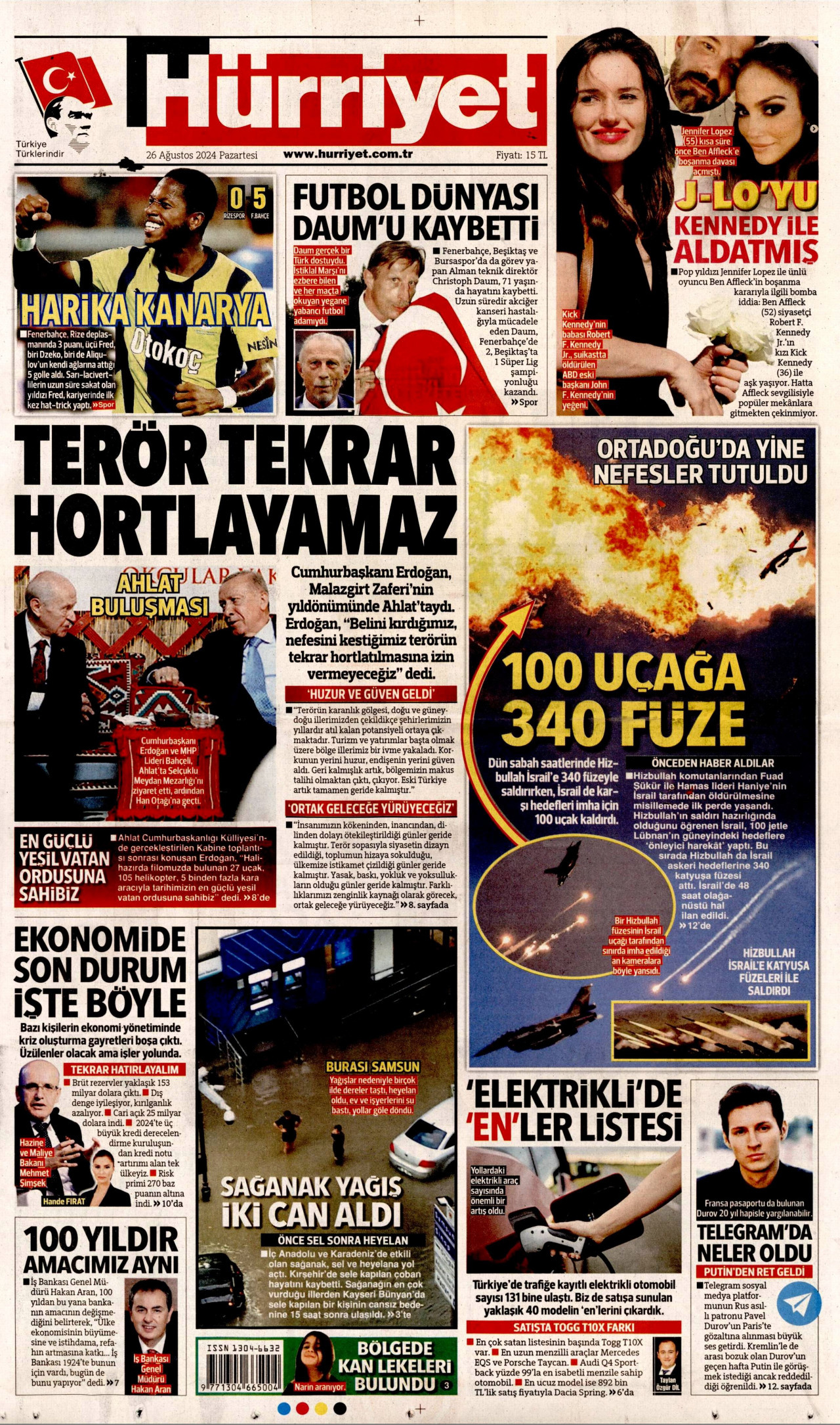 HÜRRİYET gazetesinin 26 Ağustos 2024 tarihli birinci sayfası