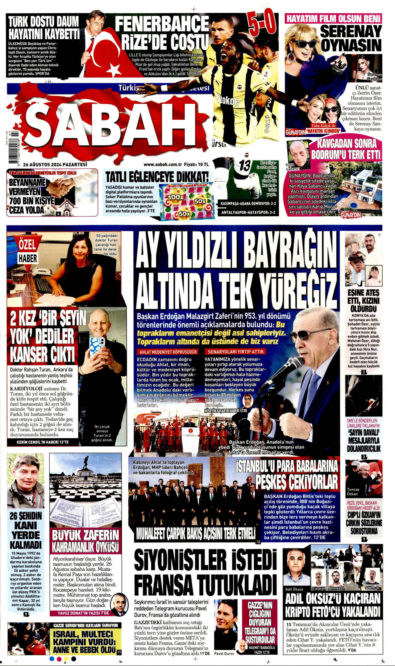 SABAH gazetesinin 26 Ağustos 2024 tarihli birinci sayfası
