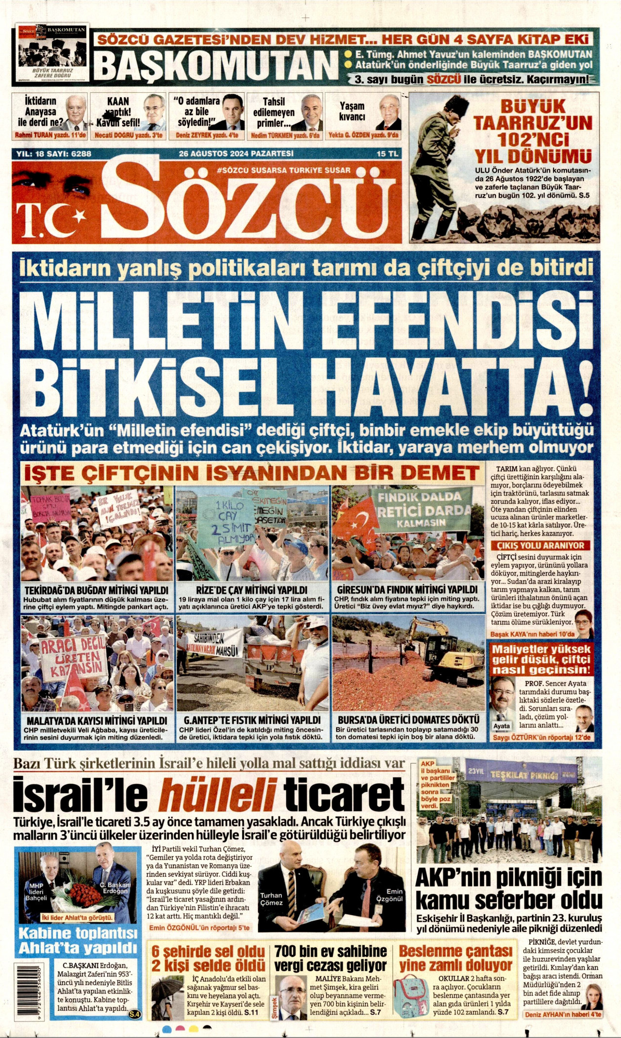 SÖZCÜ gazetesinin 26 Ağustos 2024 tarihli birinci sayfası