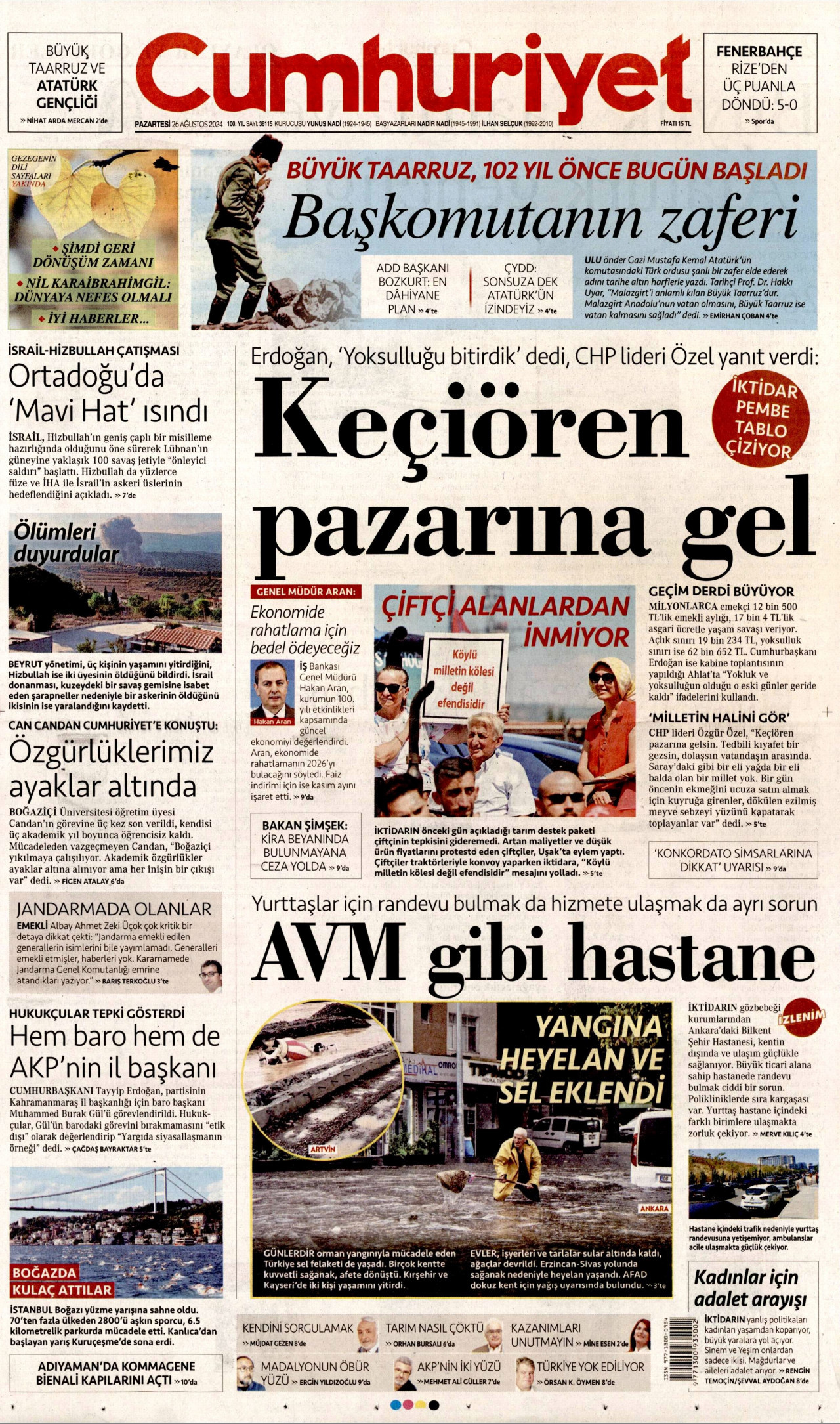 CUMHURİYET gazetesinin 26 Ağustos 2024 tarihli birinci sayfası