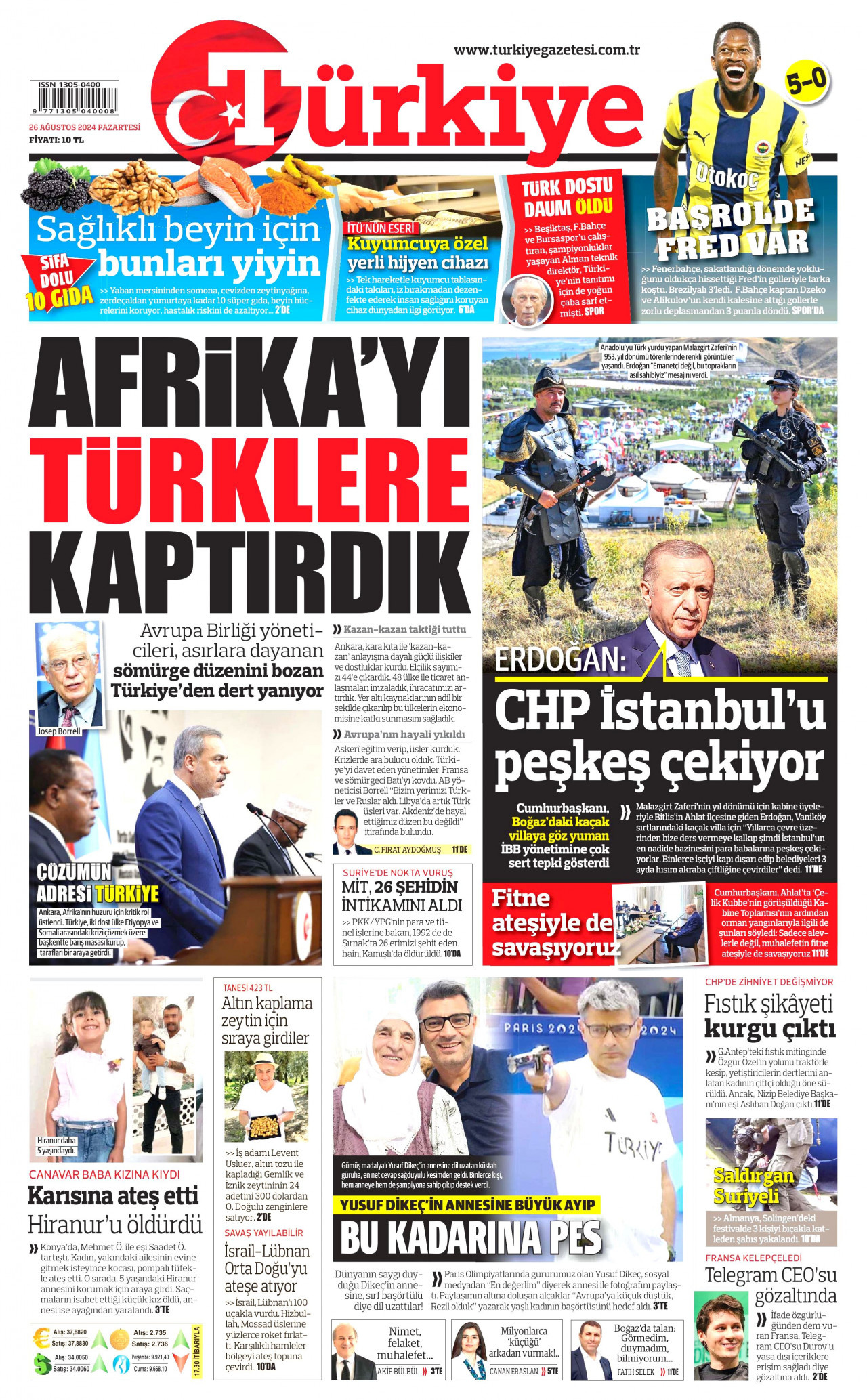 TÜRKİYE GAZETESİ gazetesinin 26 Ağustos 2024 tarihli birinci sayfası