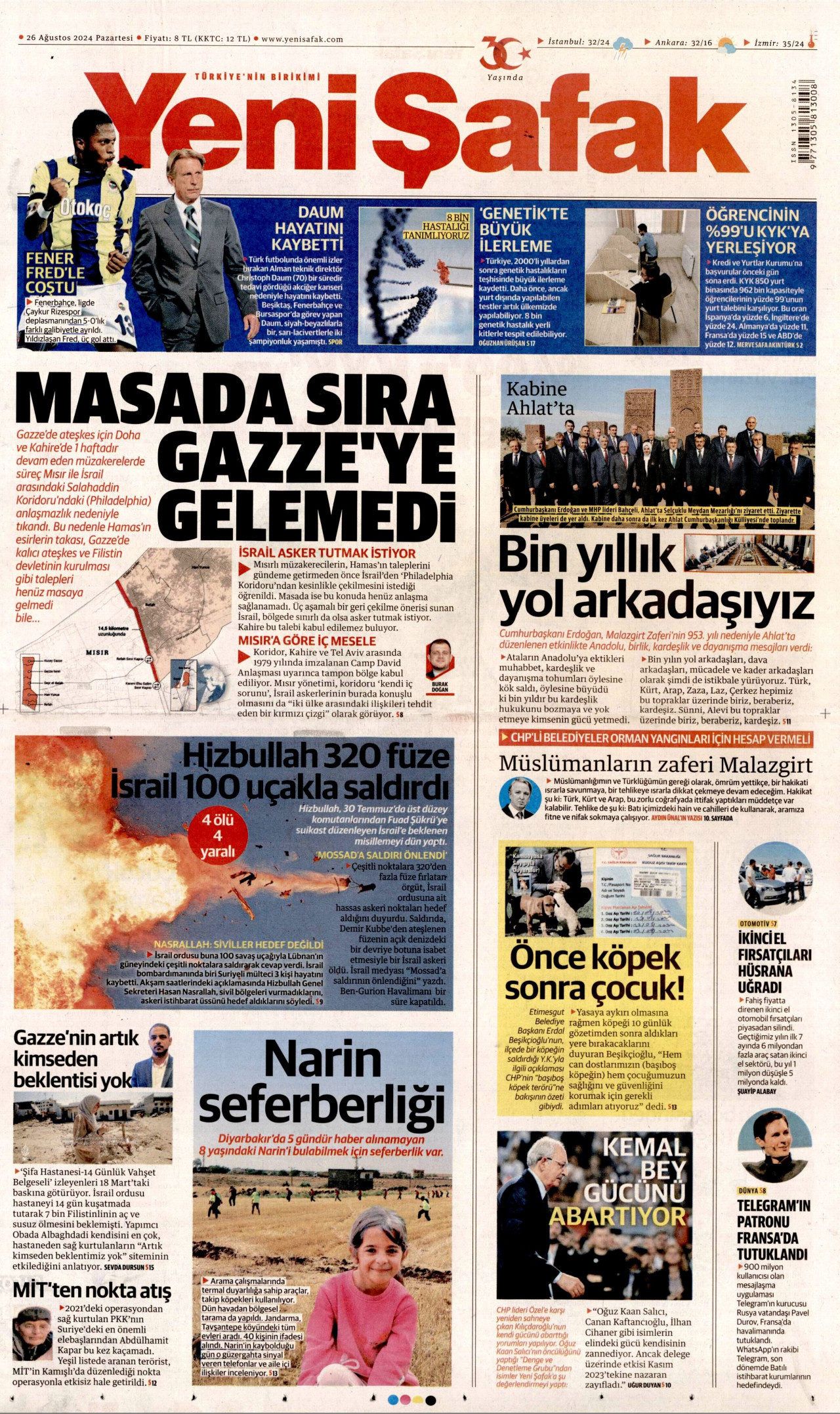 YENİ ŞAFAK gazetesinin 26 Ağustos 2024 tarihli birinci sayfası
