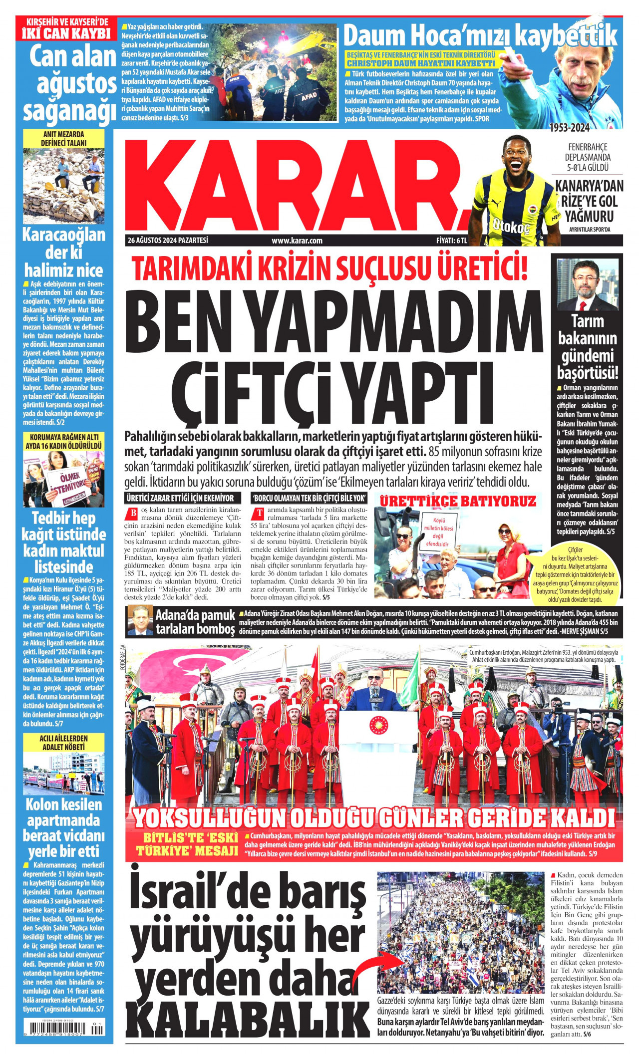 KARAR gazetesinin 26 Ağustos 2024 tarihli birinci sayfası