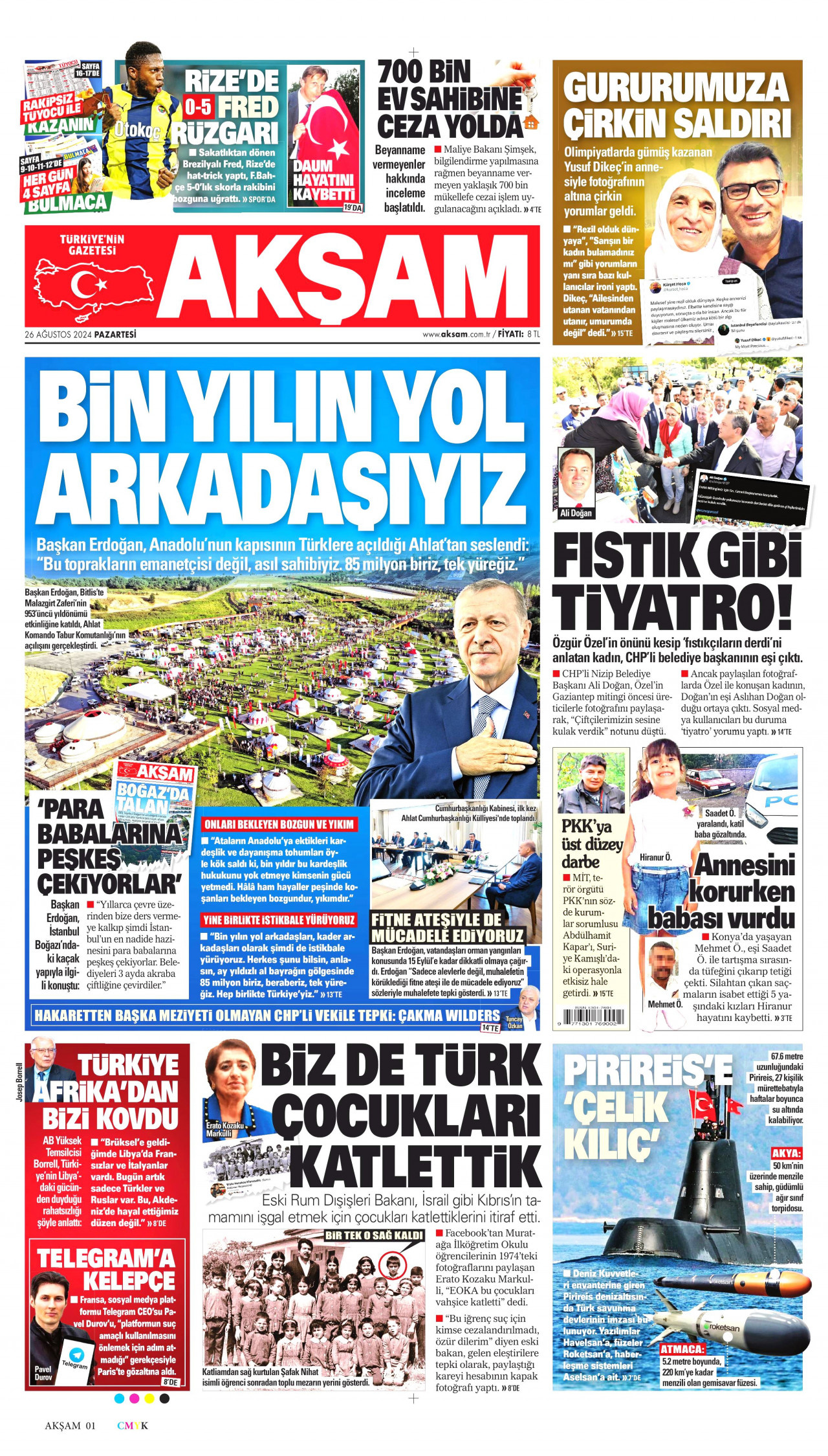 AKŞAM gazetesinin 26 Ağustos 2024 tarihli birinci sayfası