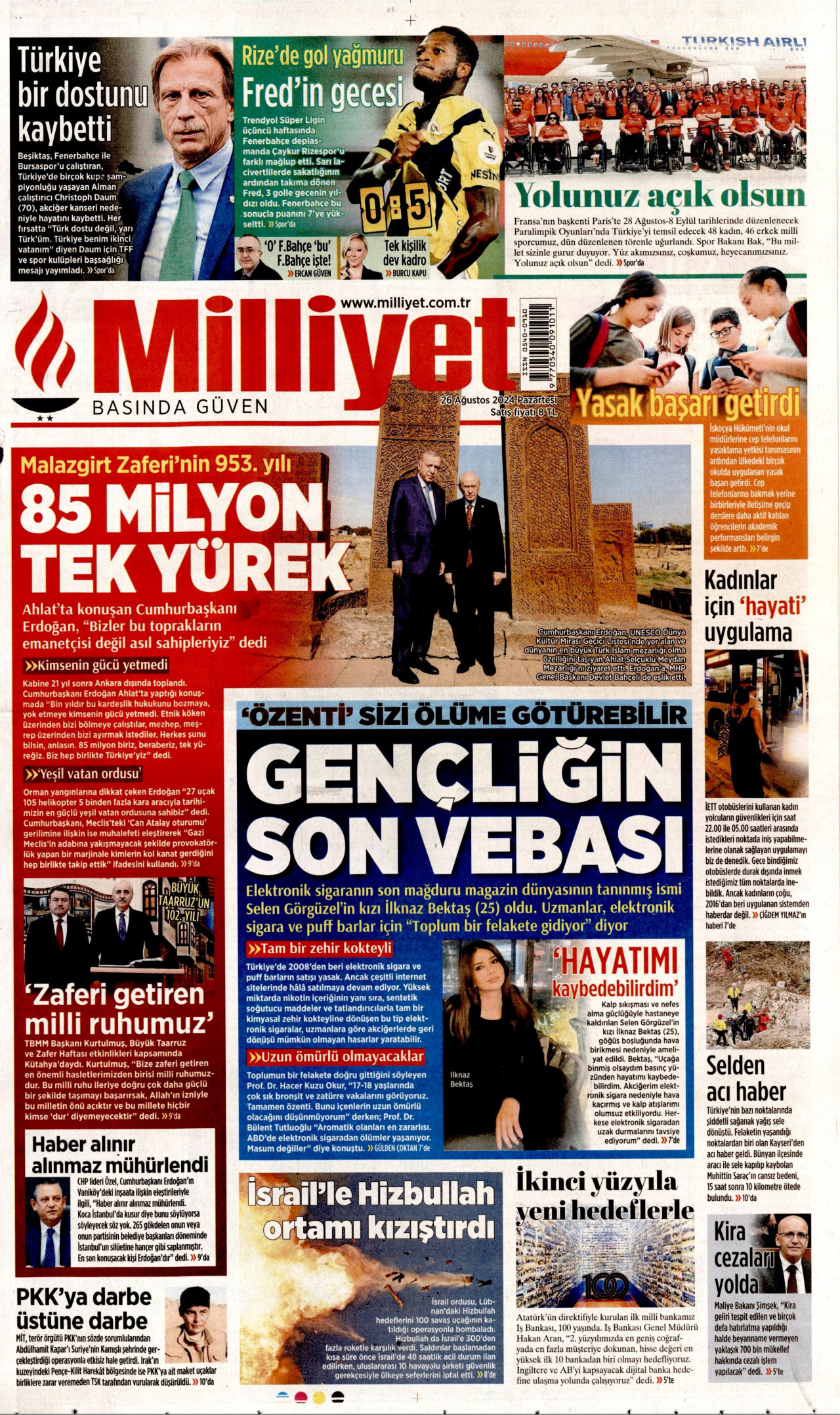 MİLLİYET gazetesinin 26 Ağustos 2024 tarihli birinci sayfası