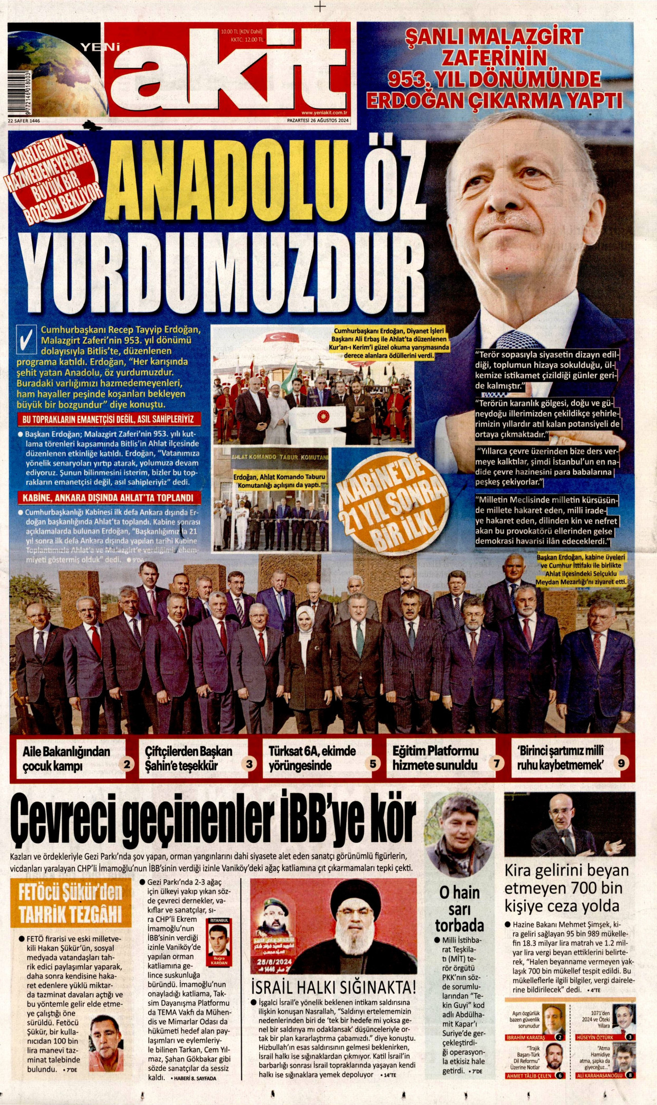 YENİ AKİT gazetesinin 26 Ağustos 2024 tarihli birinci sayfası