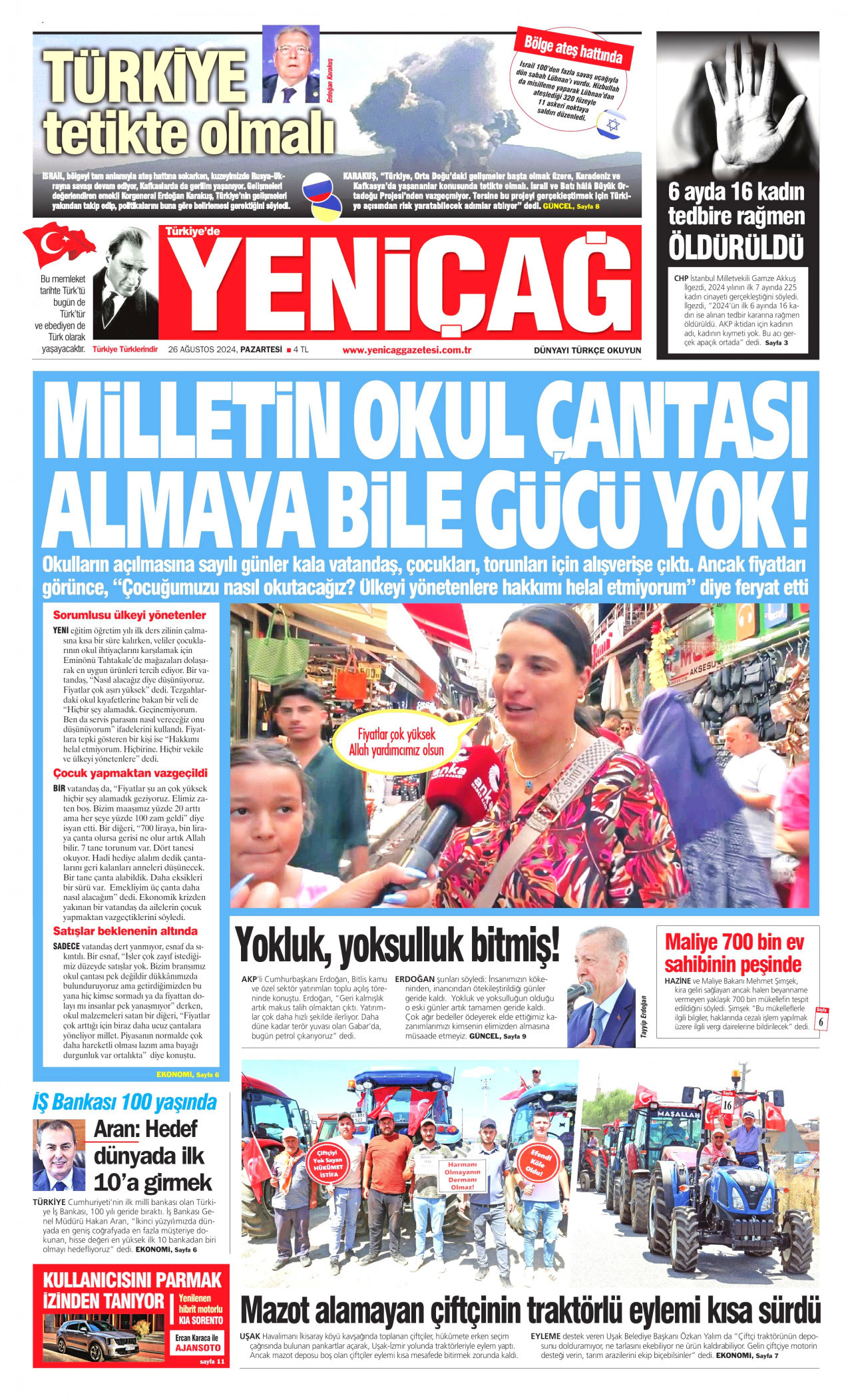 YENİÇAĞ gazetesinin 26 Ağustos 2024 tarihli birinci sayfası