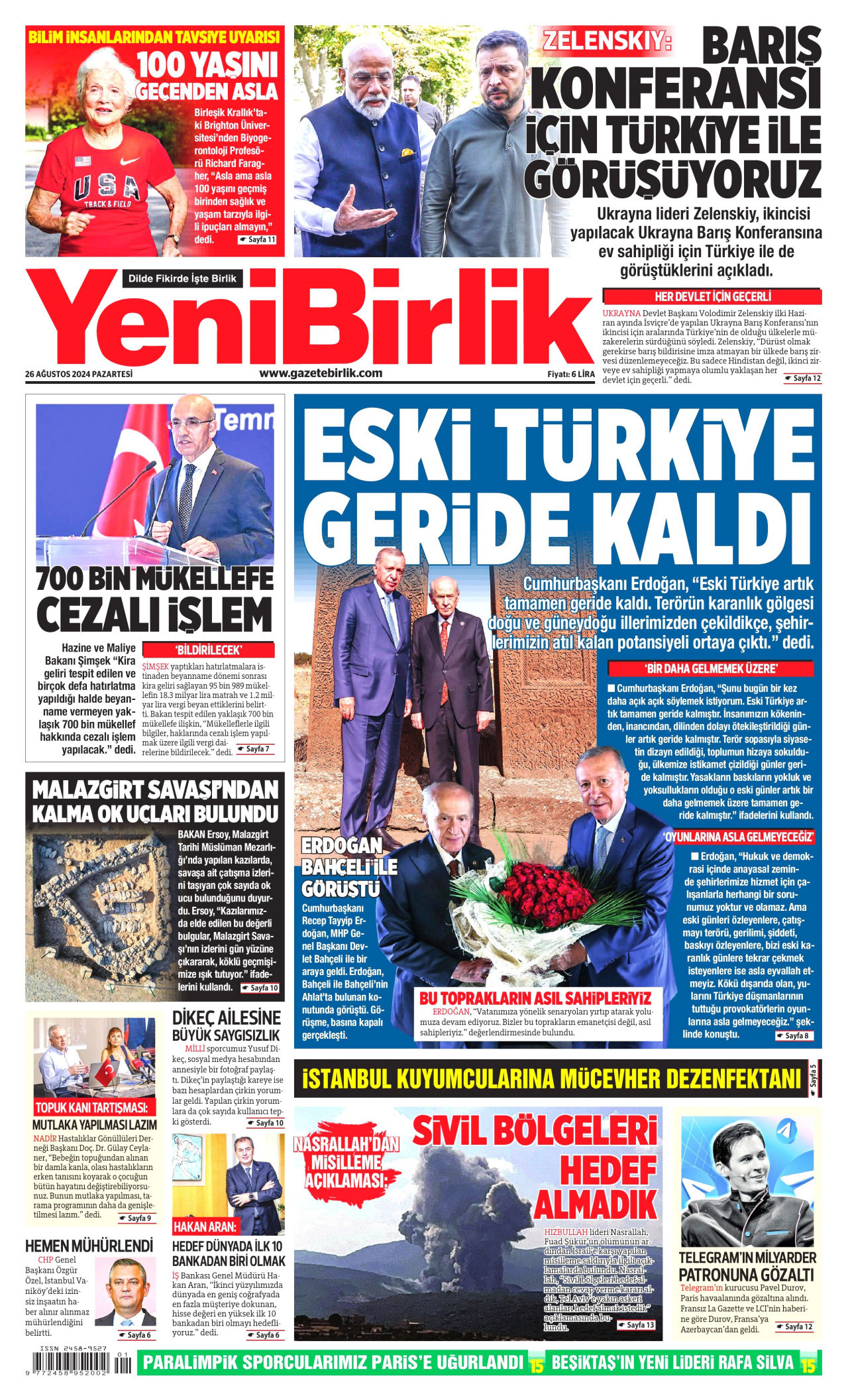 YENİBİRLİK gazetesinin 26 Ağustos 2024 tarihli birinci sayfası