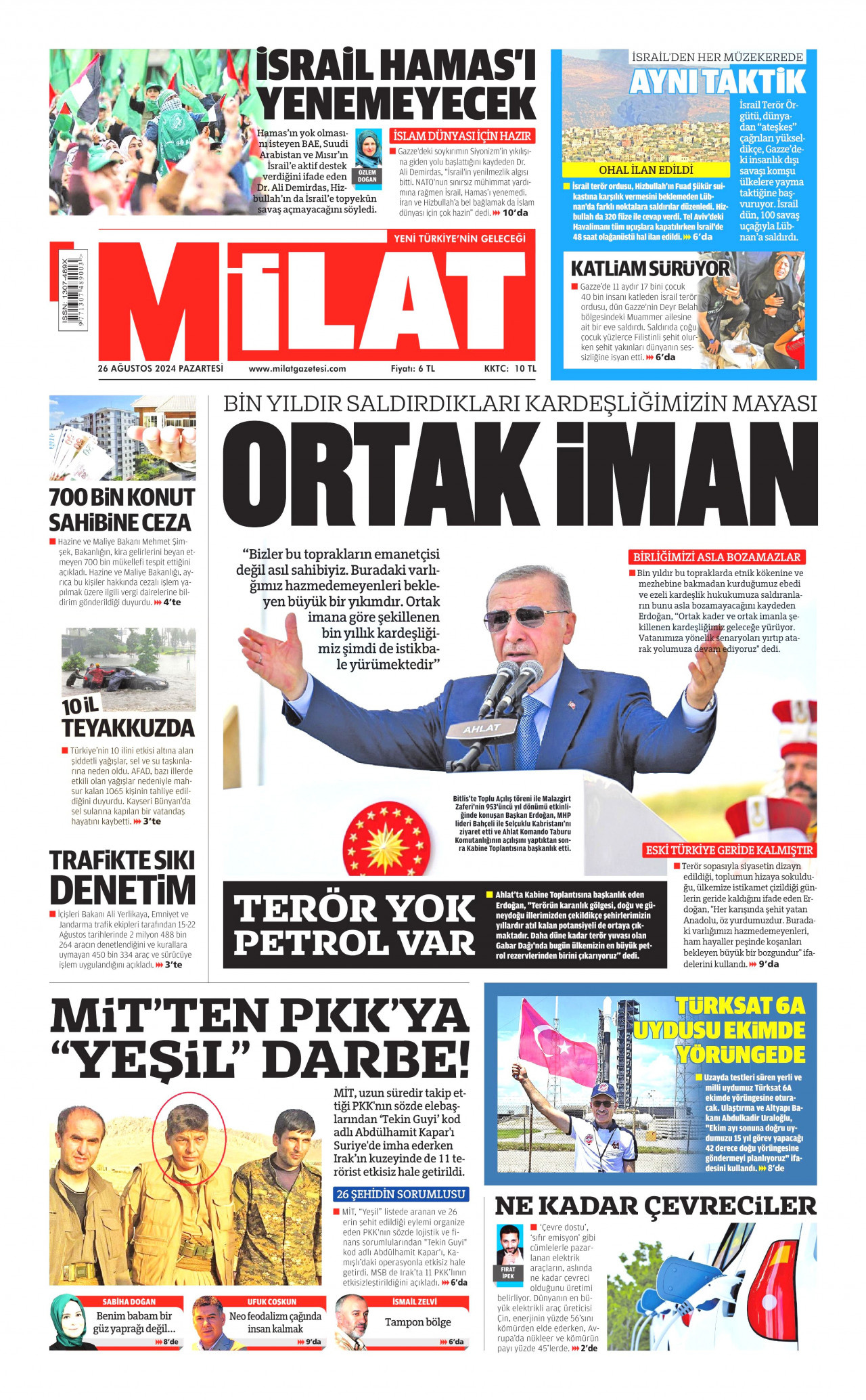 MİLAT gazetesinin 26 Ağustos 2024 tarihli birinci sayfası
