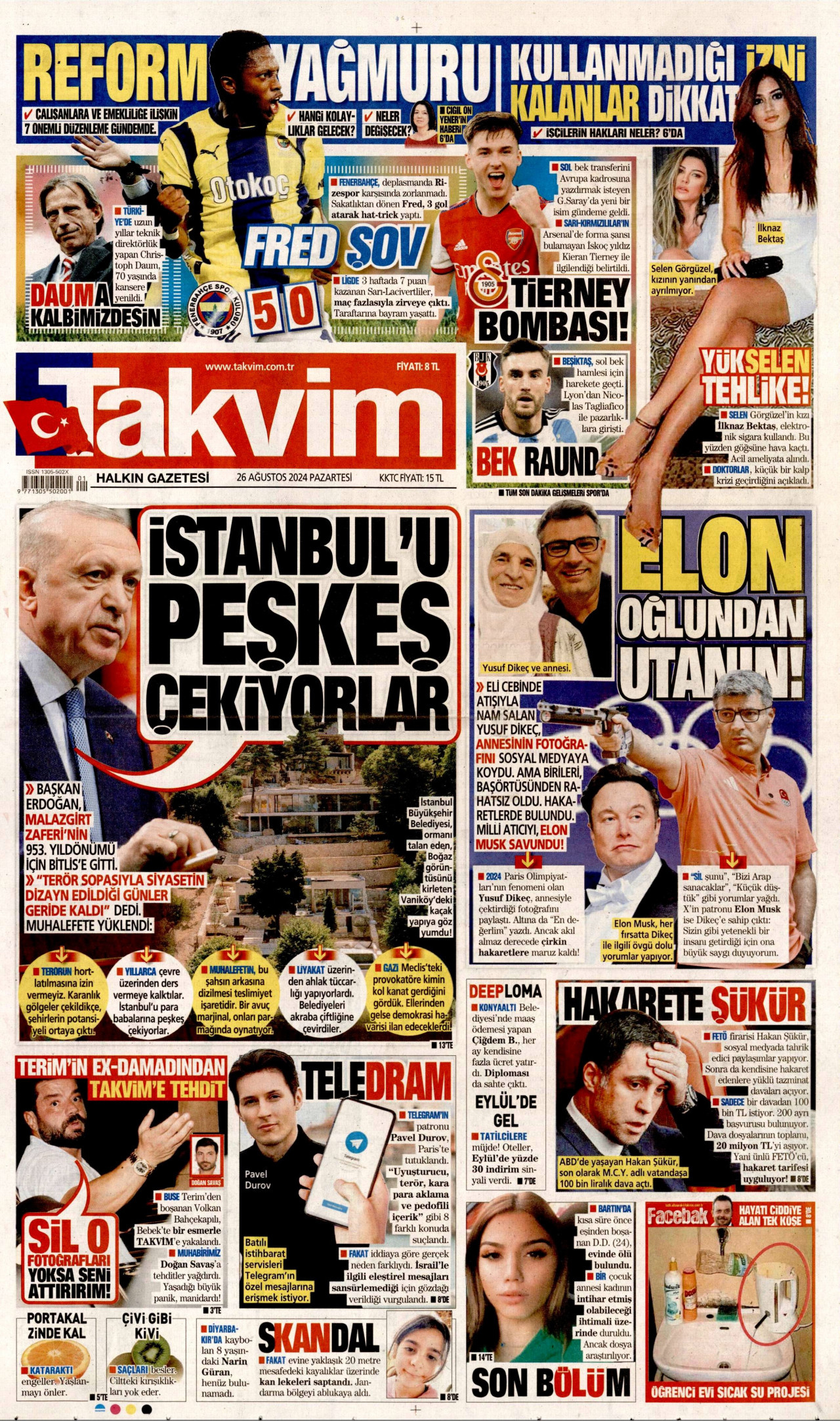 TAKVİM gazetesinin 26 Ağustos 2024 tarihli birinci sayfası