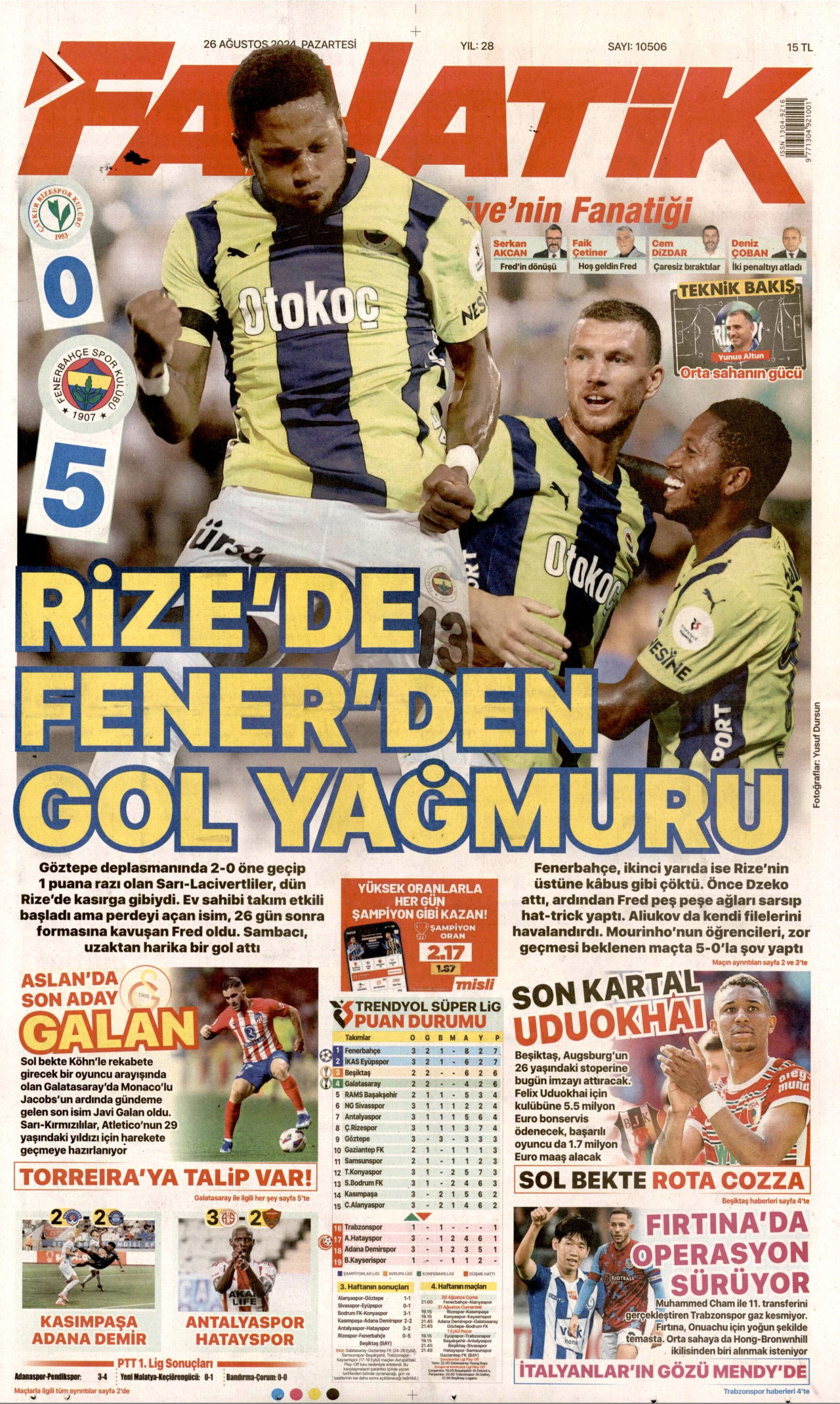 FANATİK gazetesinin 26 Ağustos 2024 tarihli birinci sayfası