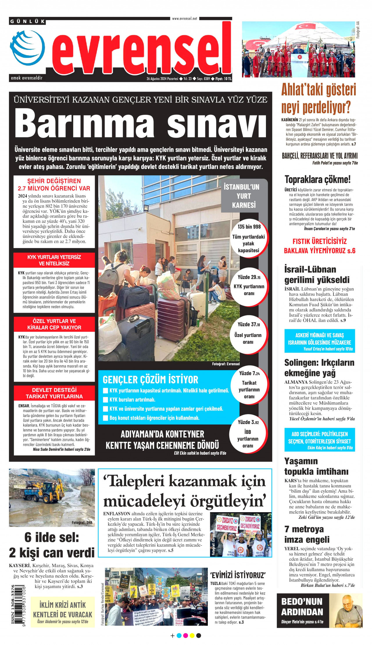 EVRENSEL gazetesinin 26 Ağustos 2024 tarihli birinci sayfası