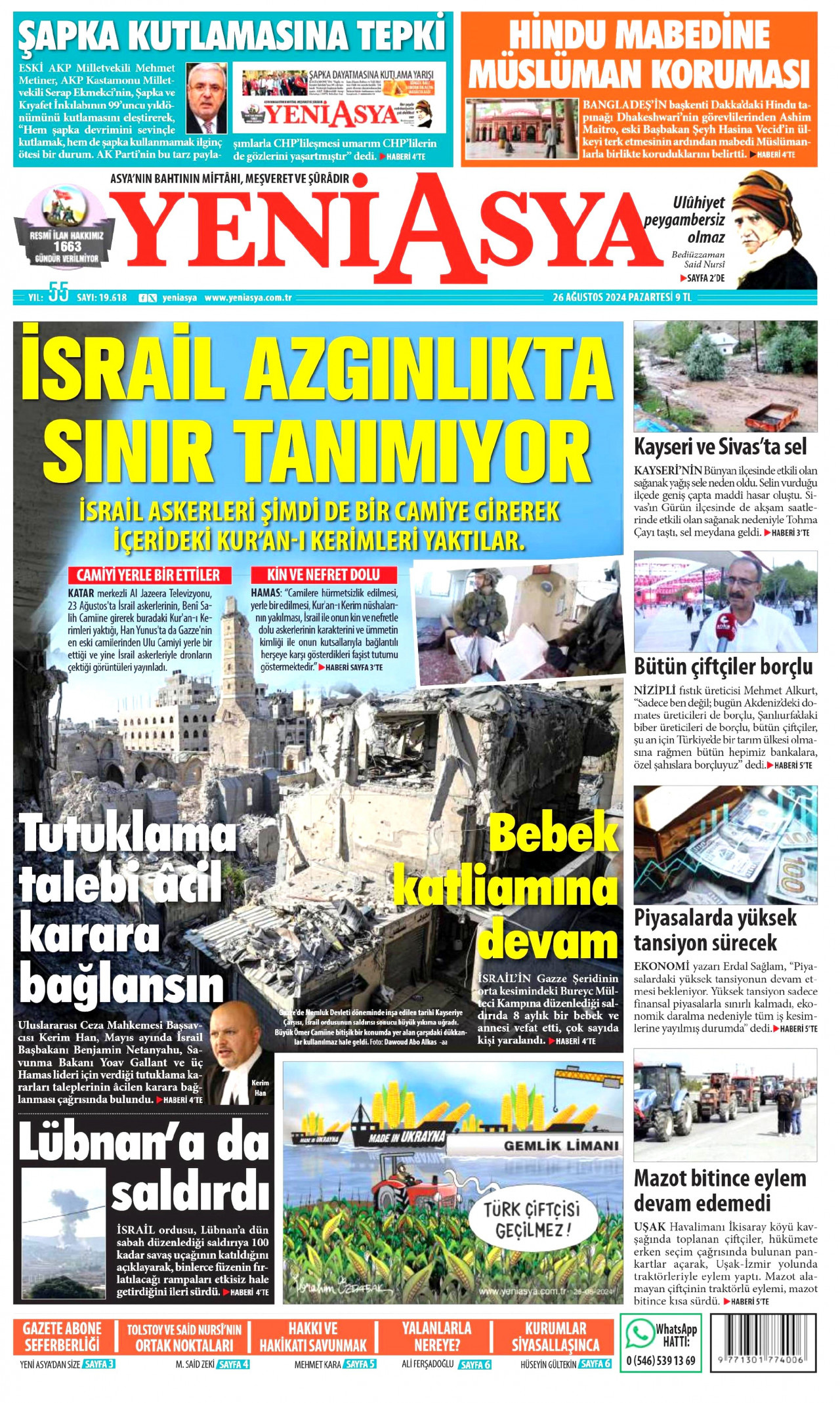 YENİ ASYA gazetesinin 26 Ağustos 2024 tarihli birinci sayfası
