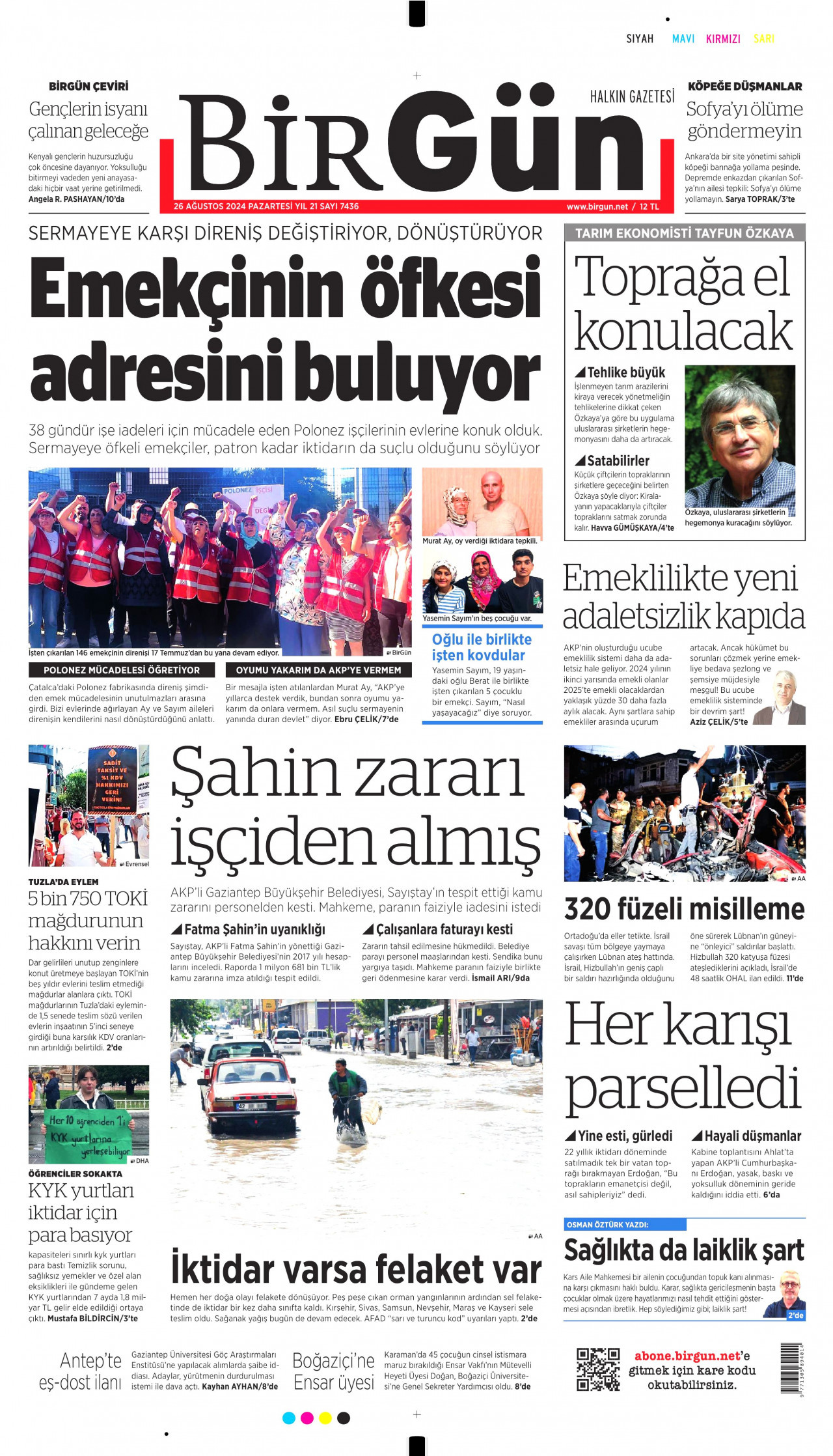 BİRGÜN gazetesinin 26 Ağustos 2024 tarihli birinci sayfası