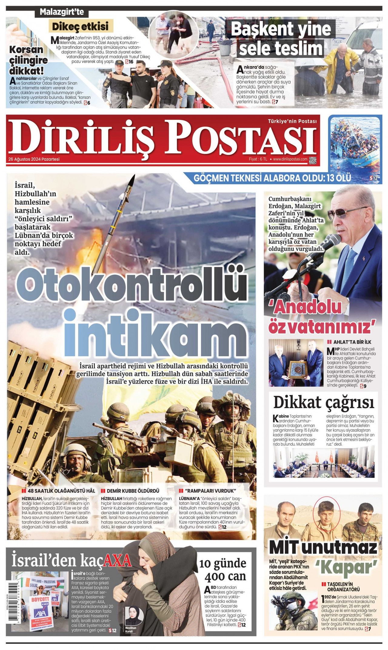 DİRİLİŞ POSTASI gazetesinin 26 Ağustos 2024 tarihli birinci sayfası