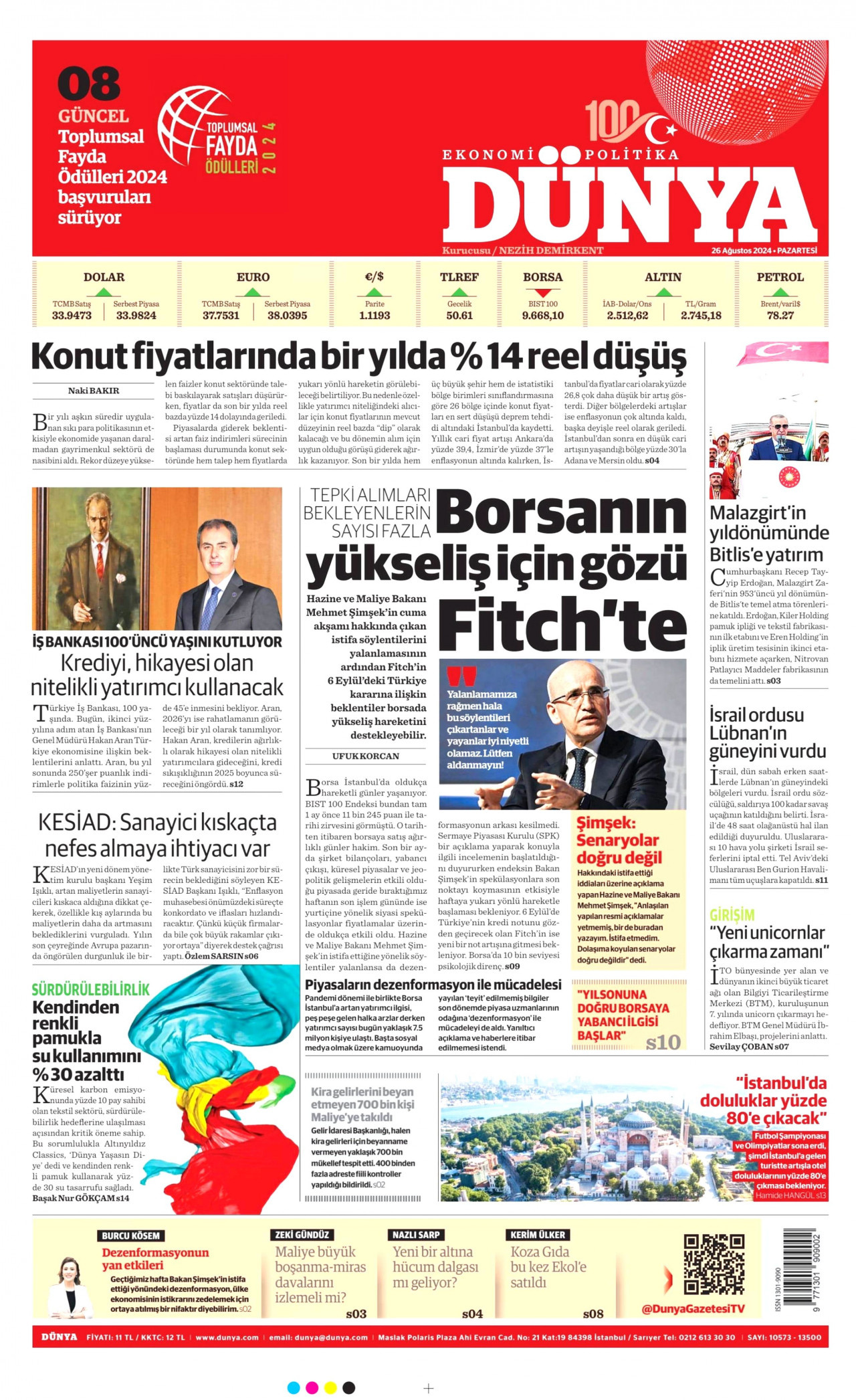 DÜNYA gazetesinin 26 Ağustos 2024 tarihli birinci sayfası
