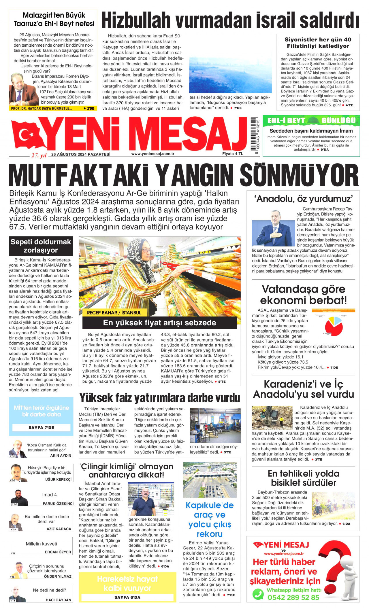 YENİ MESAJ gazetesinin 26 Ağustos 2024 tarihli birinci sayfası