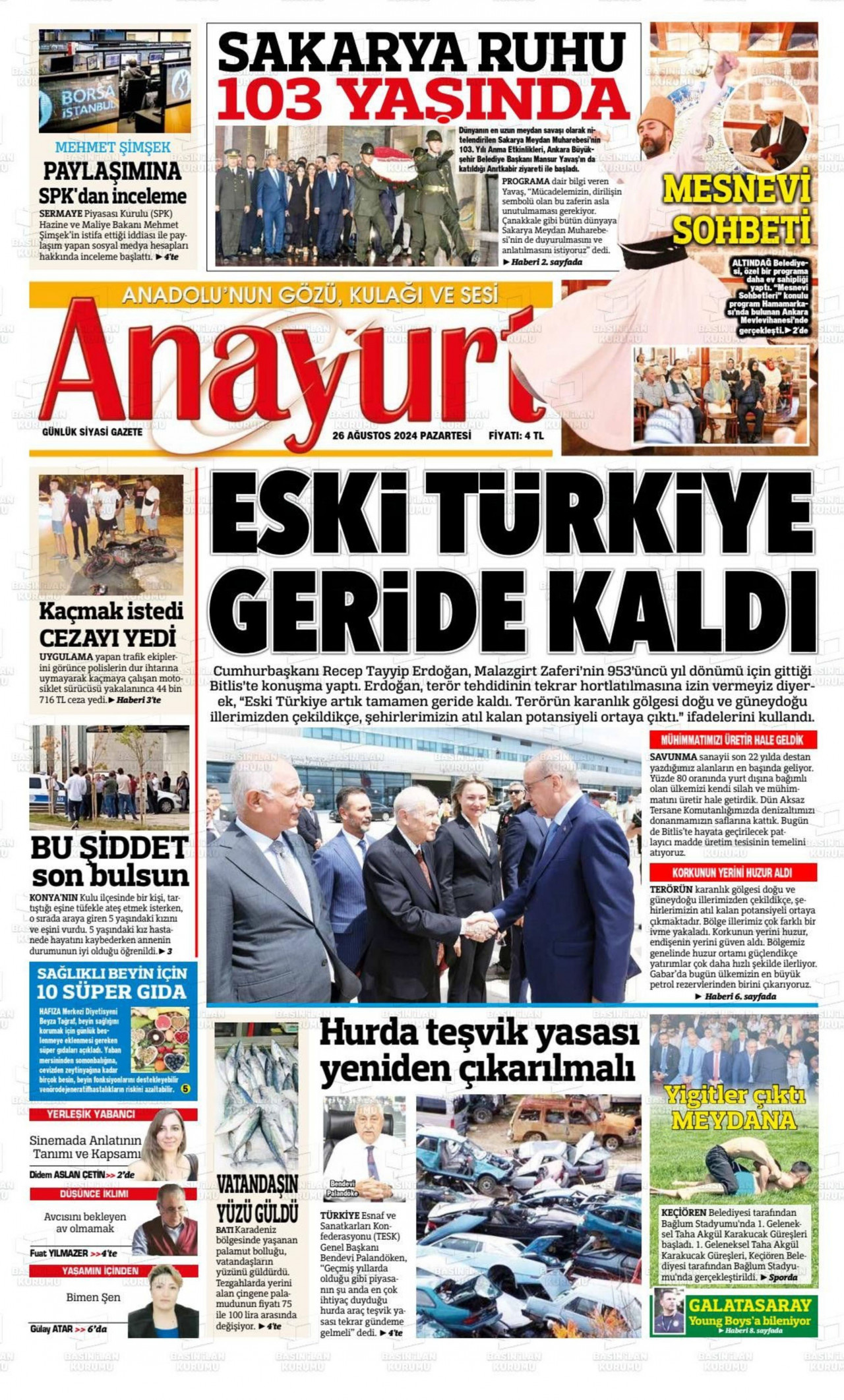 ANAYURT gazetesinin 26 Ağustos 2024 tarihli birinci sayfası