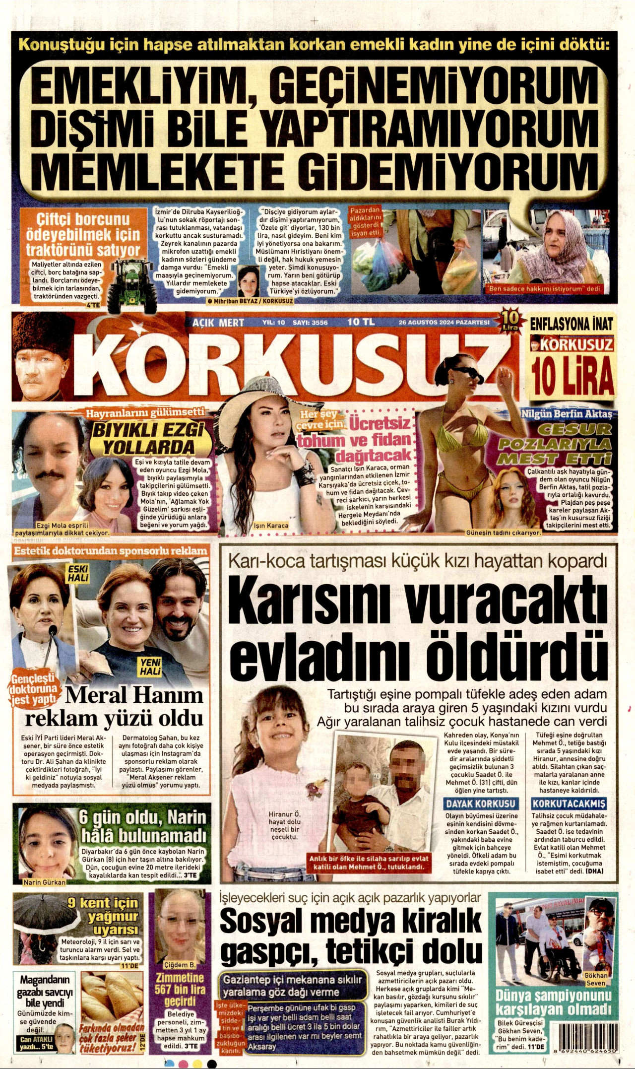 KORKUSUZ gazetesinin 26 Ağustos 2024 tarihli birinci sayfası
