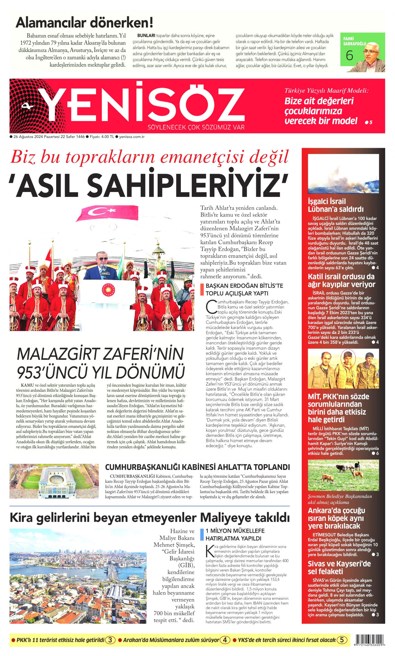 YENİ SÖZ GAZETESİ gazetesinin 26 Ağustos 2024 tarihli birinci sayfası