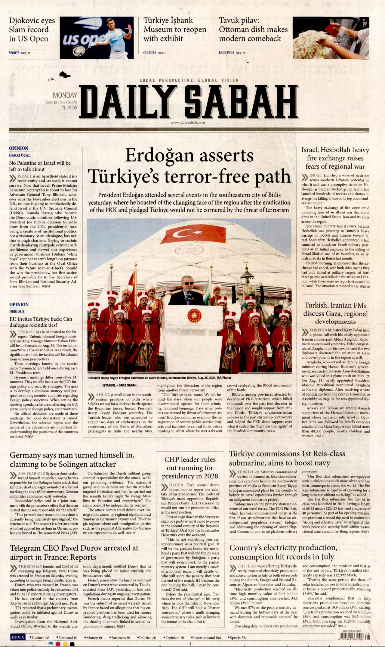 DAİLY SABAH gazetesinin 26 Ağustos 2024 tarihli birinci sayfası