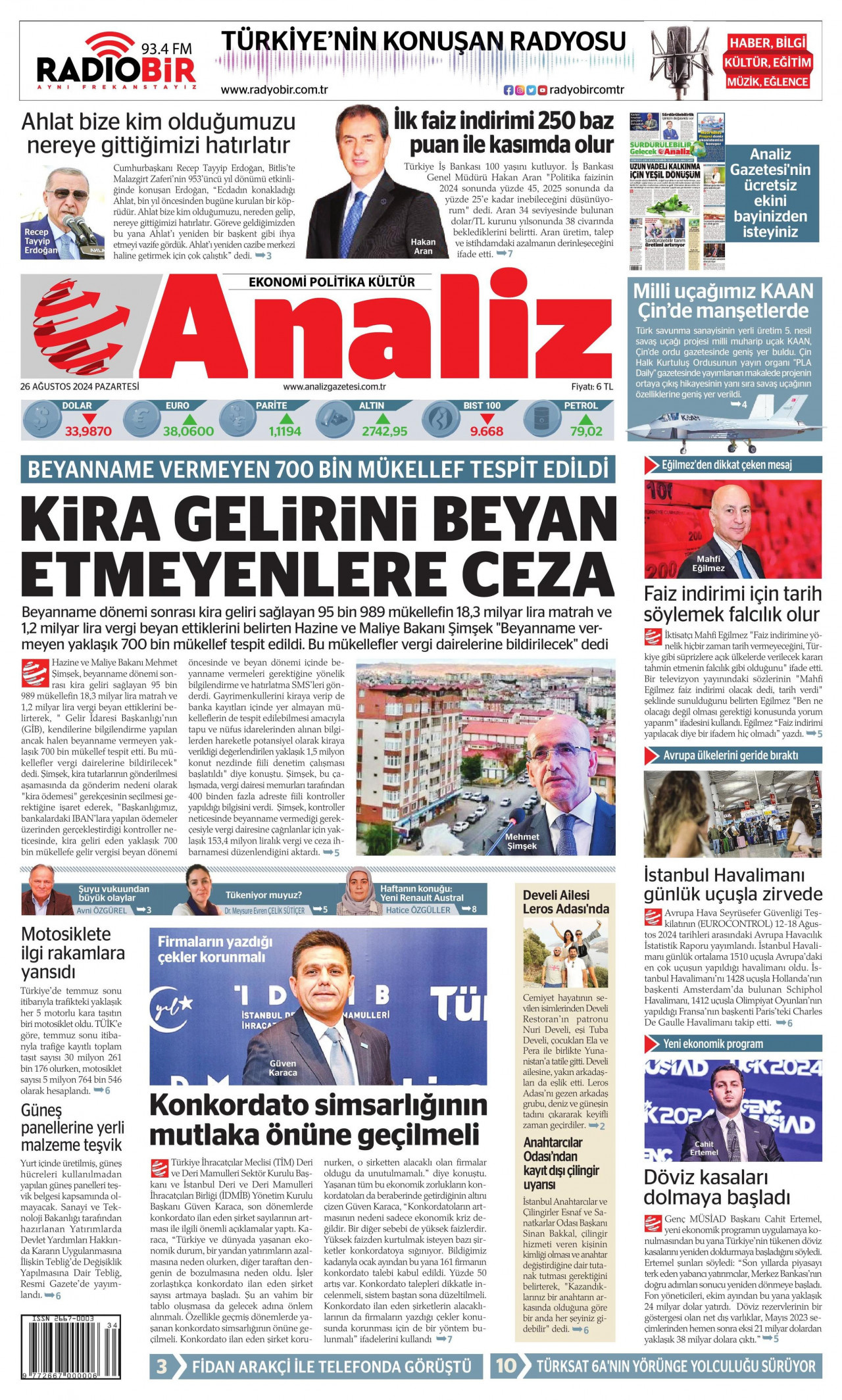 ANALİZ gazetesinin 26 Ağustos 2024 tarihli birinci sayfası