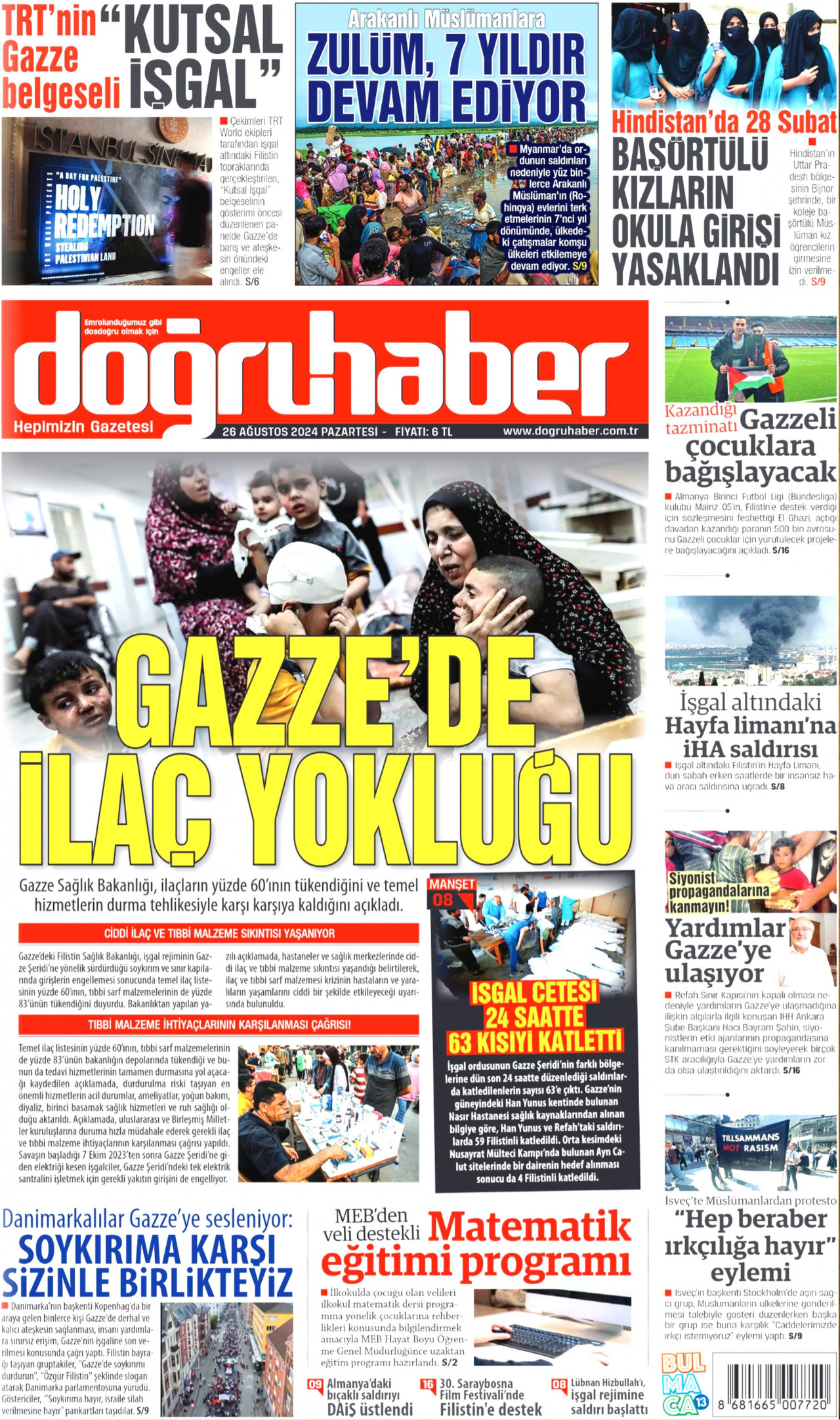 DOĞRU HABER gazetesinin 26 Ağustos 2024 tarihli birinci sayfası