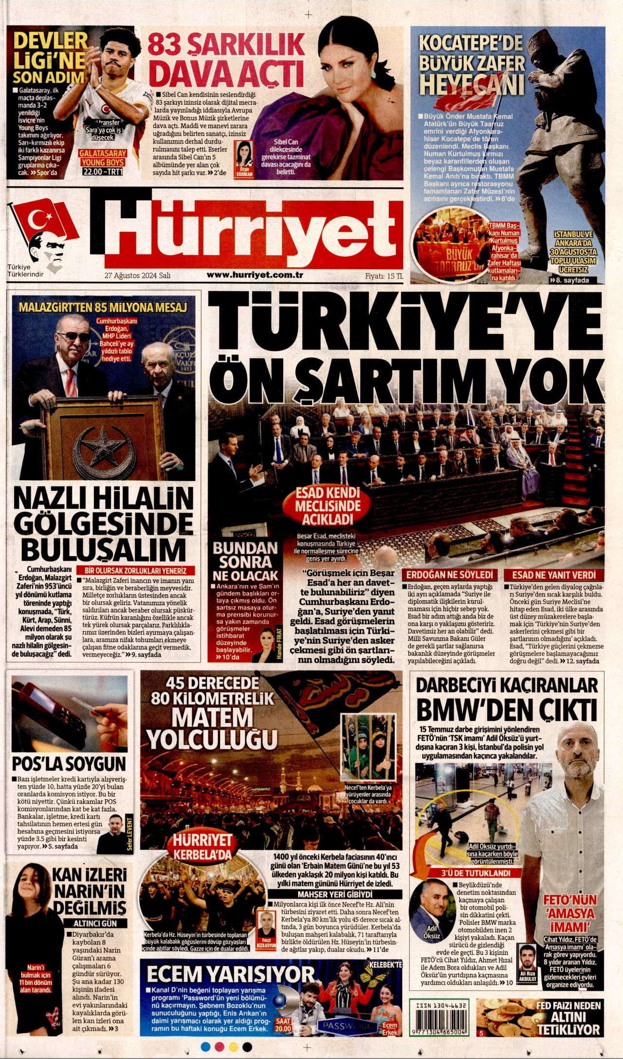 HÜRRİYET gazetesinin 27 Ağustos 2024 tarihli birinci sayfası