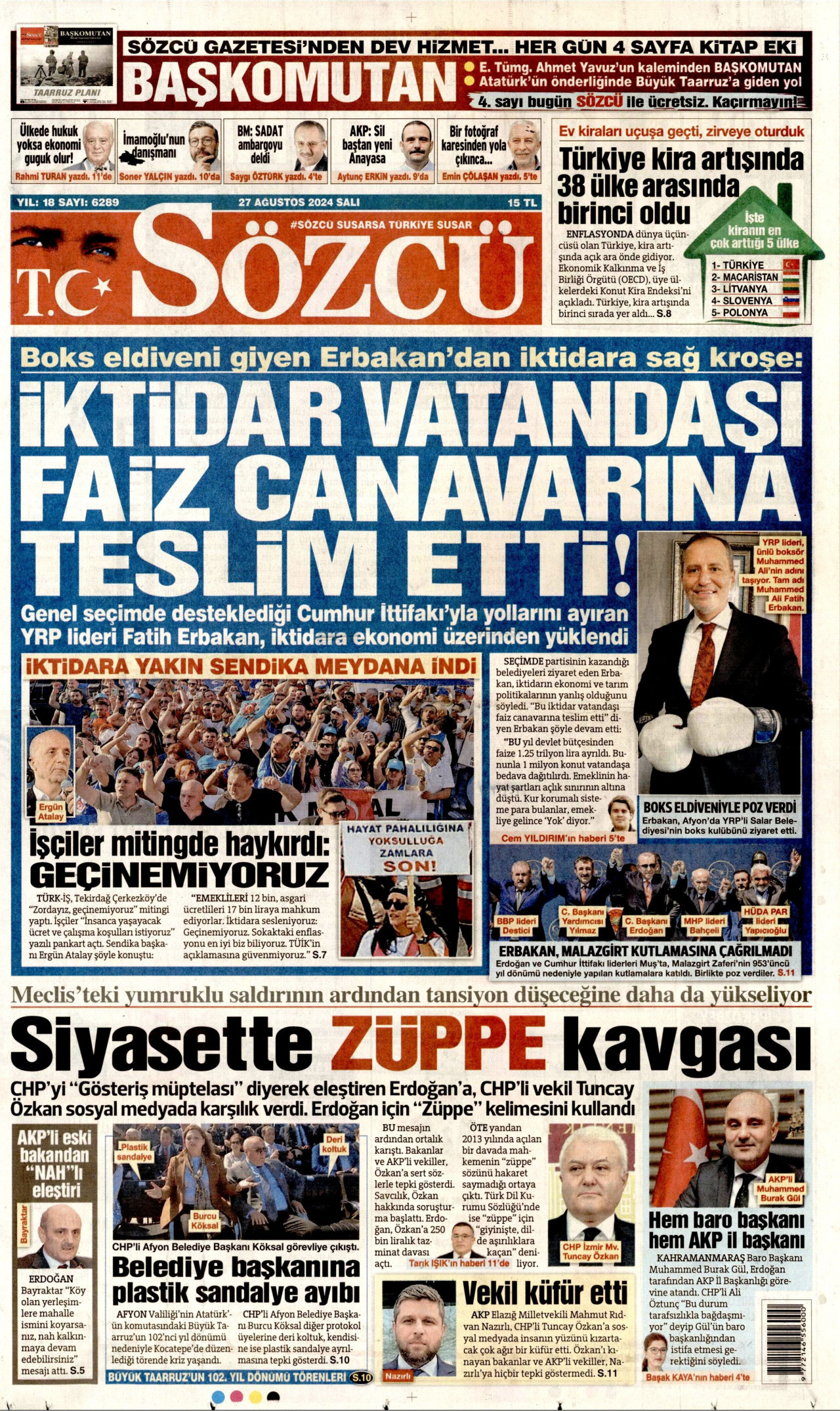 SÖZCÜ gazetesinin 27 Ağustos 2024 tarihli birinci sayfası
