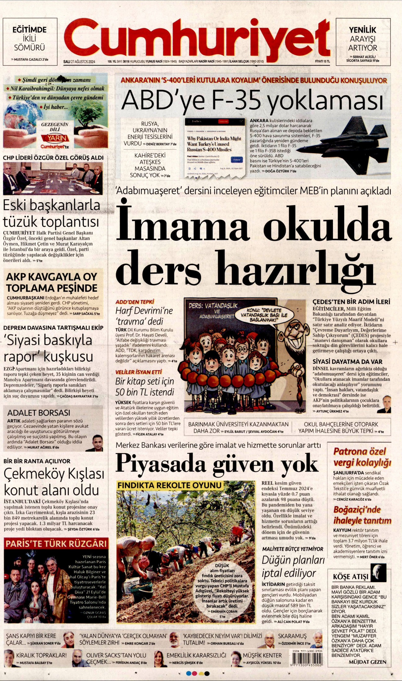 CUMHURİYET gazetesinin 27 Ağustos 2024 tarihli birinci sayfası