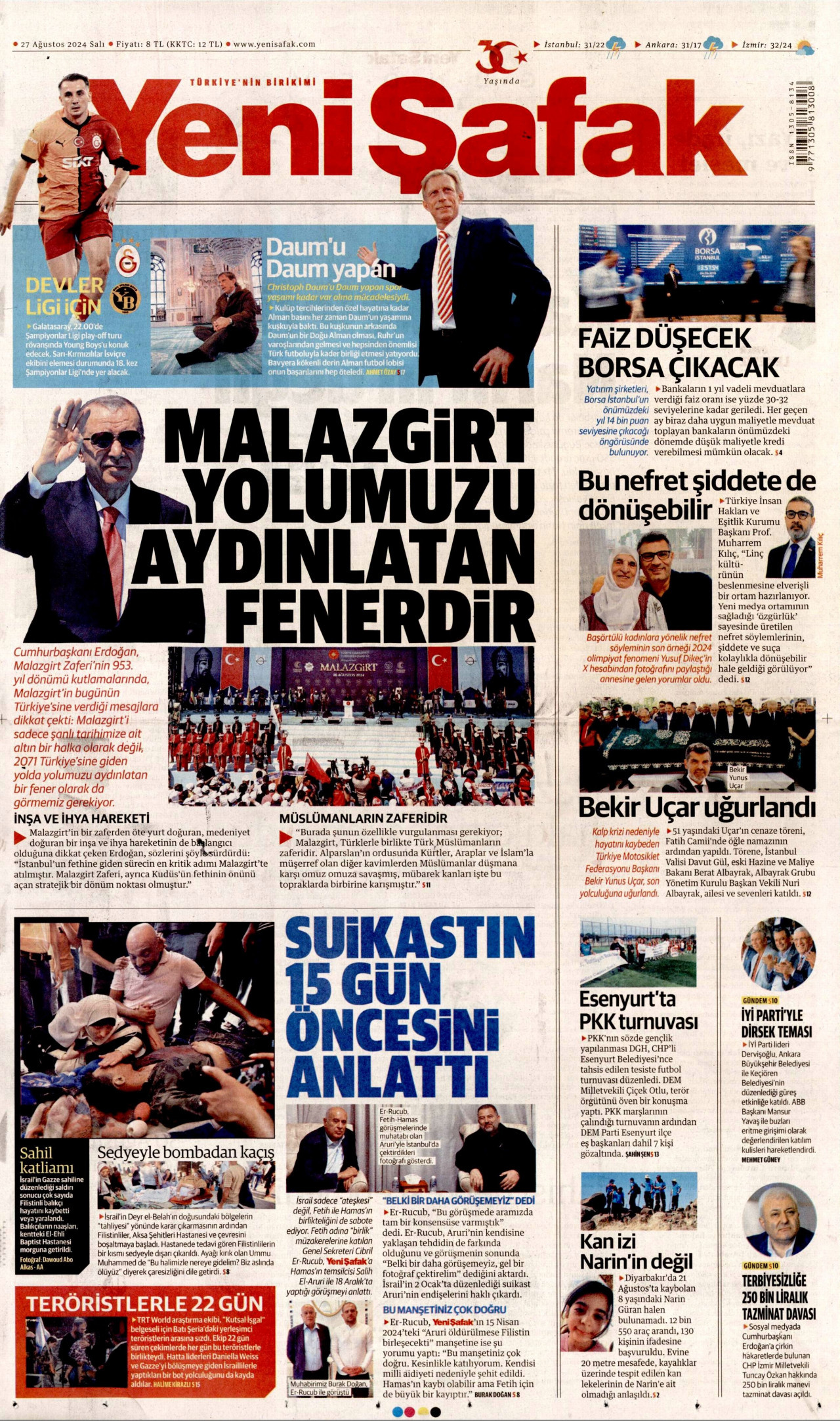 YENİ ŞAFAK gazetesinin 27 Ağustos 2024 tarihli birinci sayfası