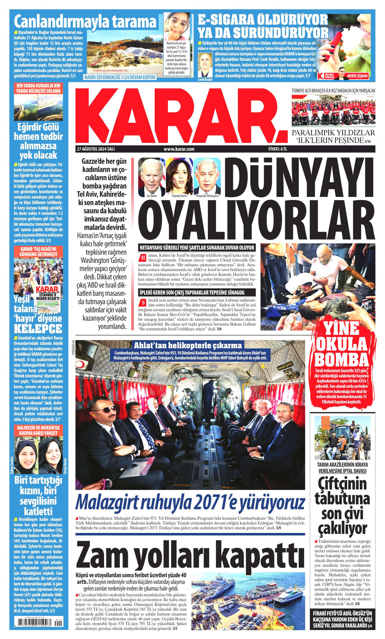 KARAR gazetesinin 27 Ağustos 2024 tarihli birinci sayfası