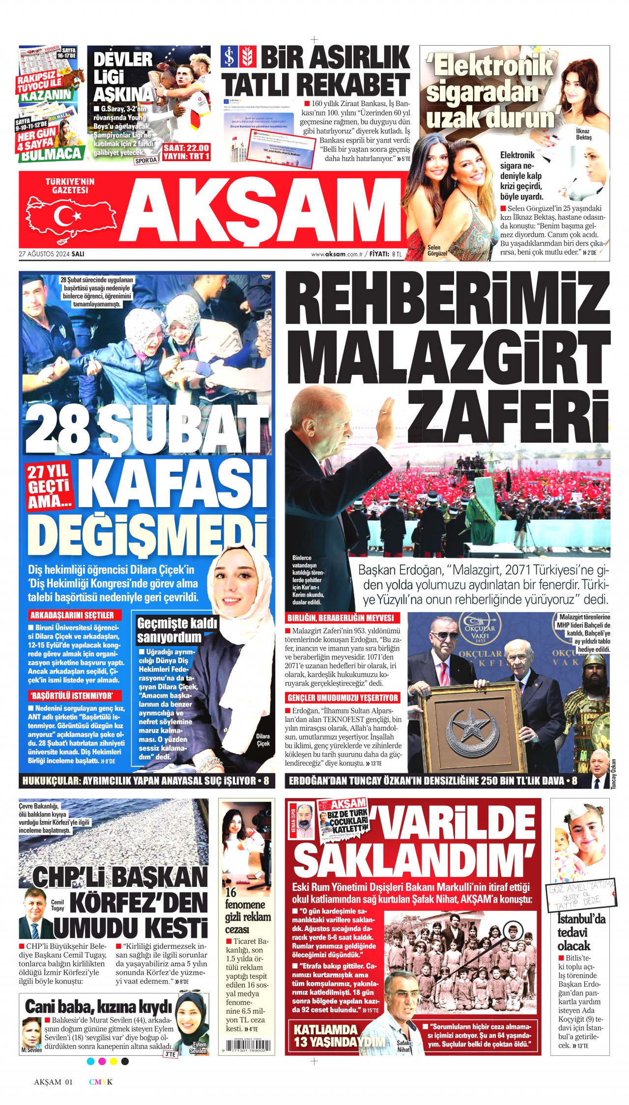 AKŞAM gazetesinin 27 Ağustos 2024 tarihli birinci sayfası