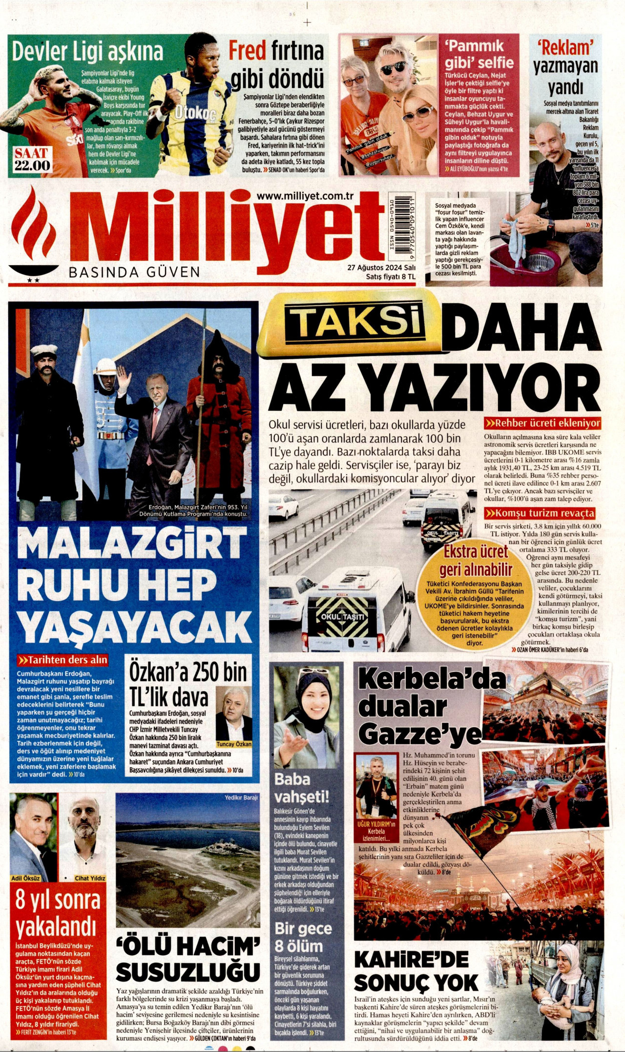 MİLLİYET gazetesinin 27 Ağustos 2024 tarihli birinci sayfası