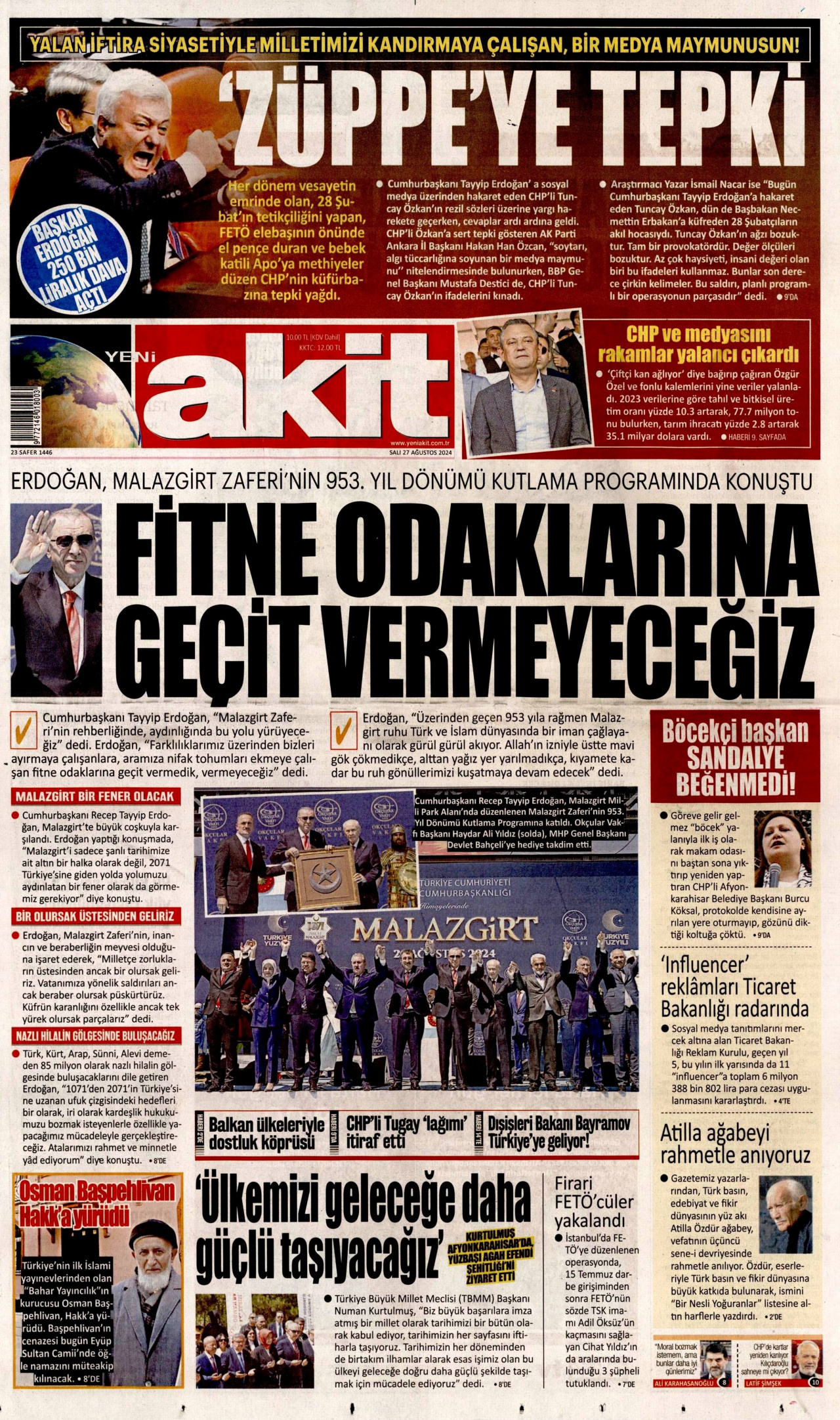 YENİ AKİT gazetesinin 27 Ağustos 2024 tarihli birinci sayfası