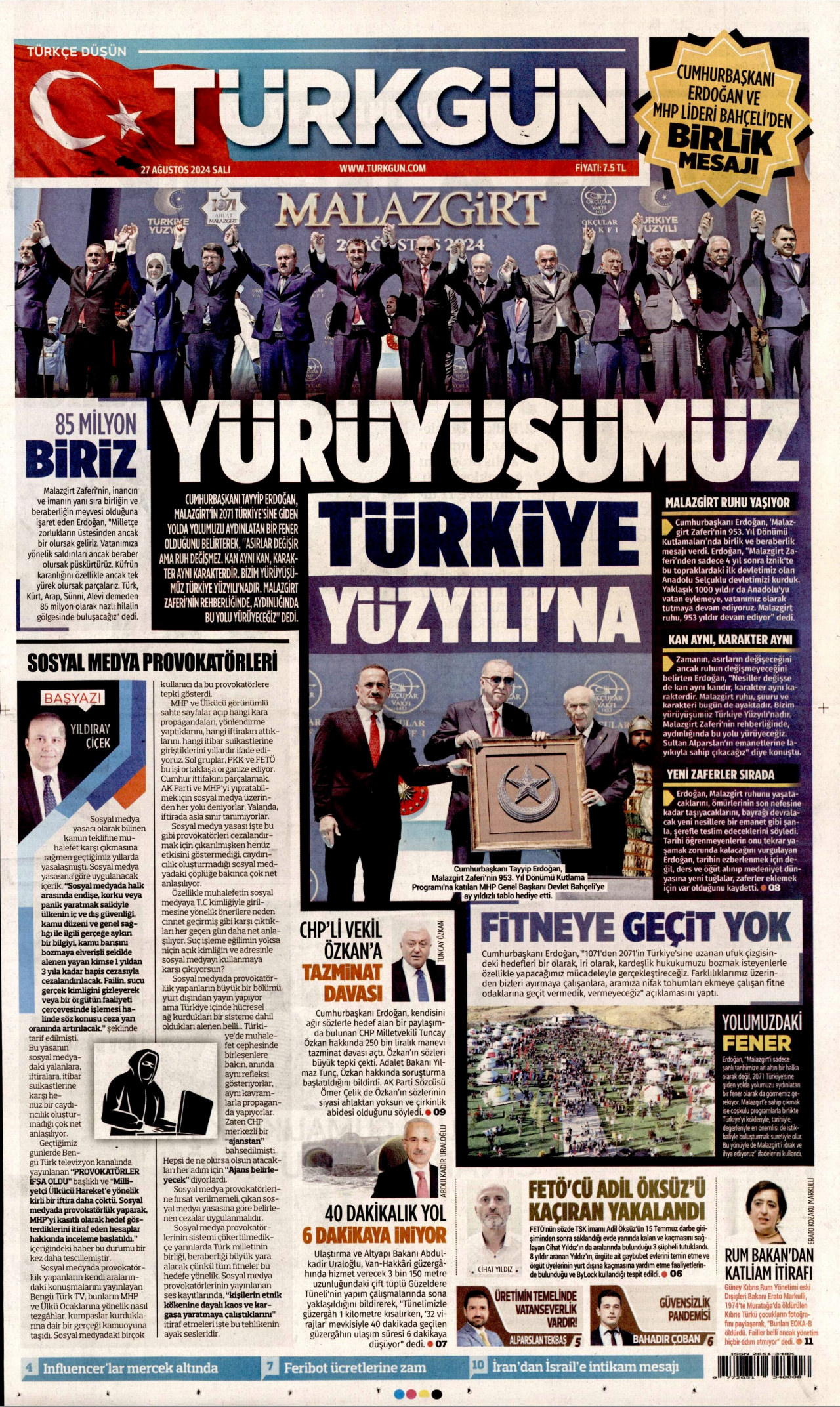 TÜRKGÜN gazetesinin 27 Ağustos 2024 tarihli birinci sayfası