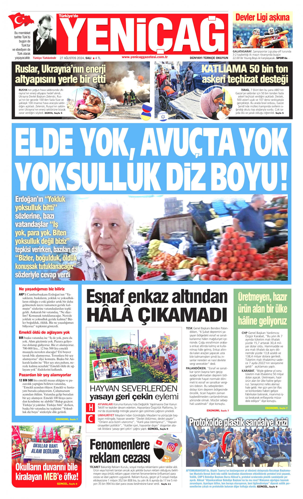 YENİÇAĞ gazetesinin 27 Ağustos 2024 tarihli birinci sayfası