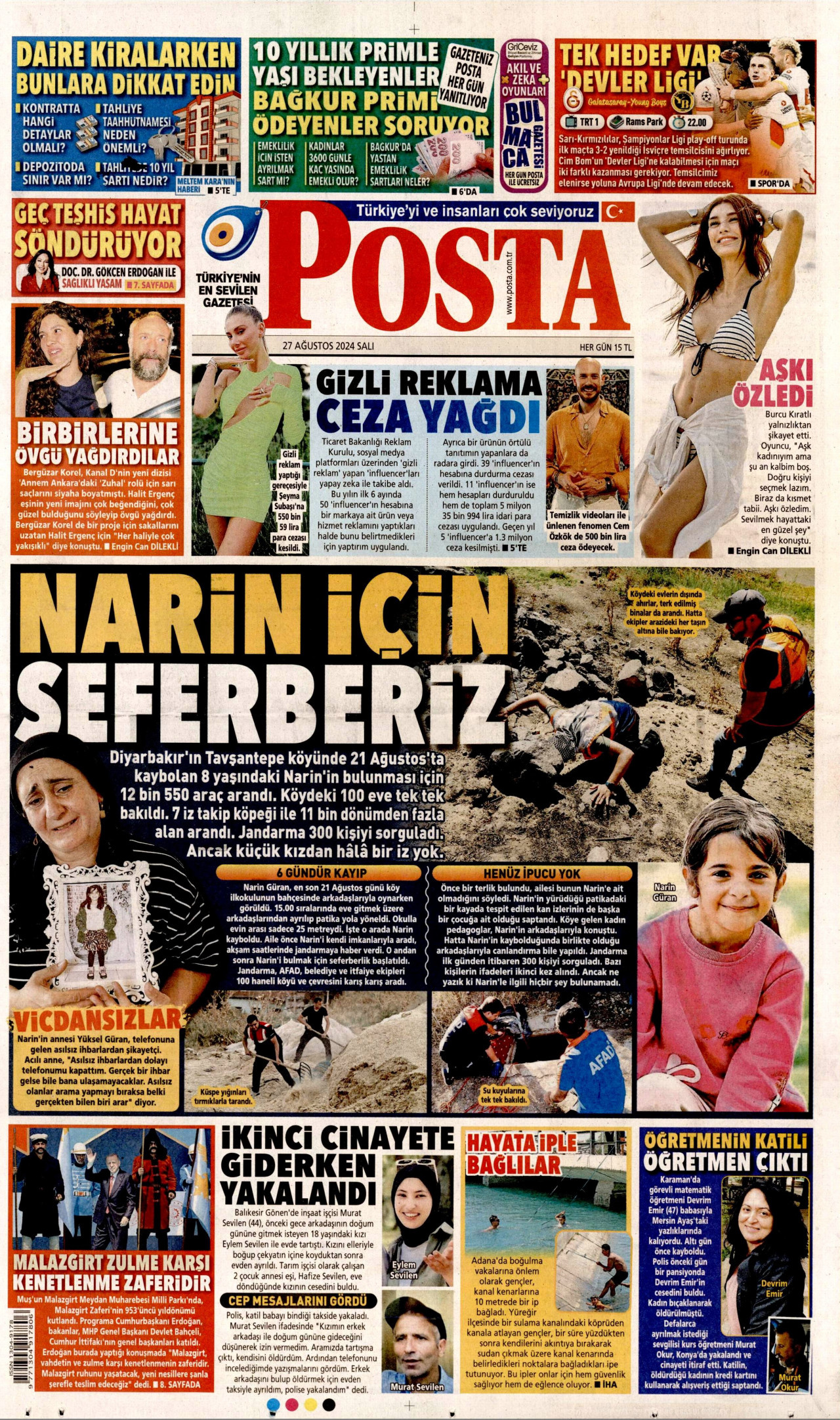 POSTA gazetesinin 27 Ağustos 2024 tarihli birinci sayfası